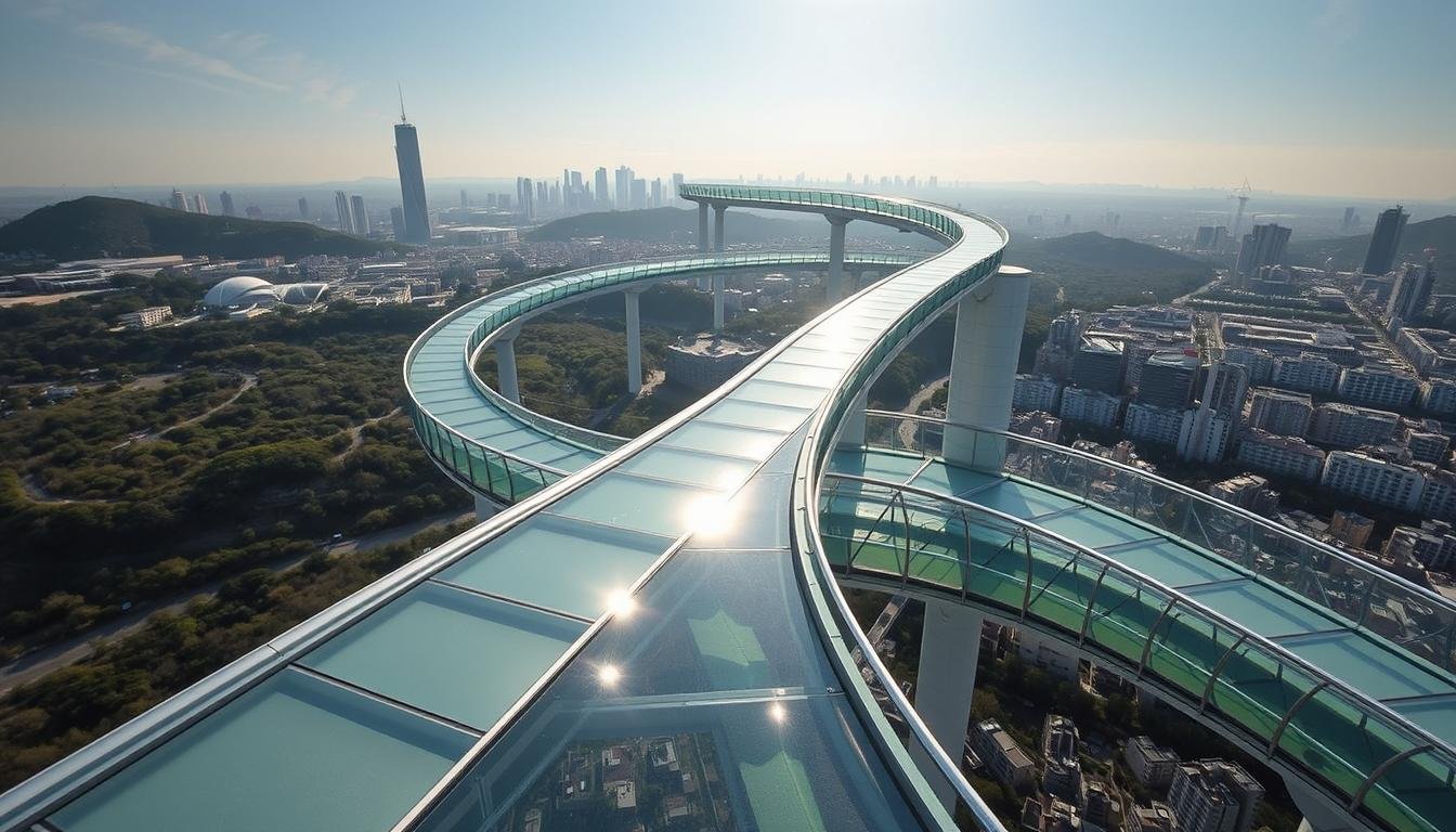 A sprawling aerial walkway snakes through the sky, offering breathtaking vistas of the city below. The Kyeongin ARA Sky Bridge, a modern architectural marvel, stretches across the urban landscape, connecting two towering structures with its sleek, glass-enclosed path. Sunlight filters through the transparent panels, casting a warm, inviting glow over the scene. In the distance, the silhouettes of skyscrapers and residential buildings create a dynamic, metropolitan backdrop, while the winding walkway serves as the captivating foreground, beckoning visitors to explore its elevated perspective. The scene conveys a sense of wonder, blending the human-made with the natural environment in a harmonious, visually striking display. A sprawling aerial walkway snakes through the sky, offering breathtaking vistas of the city below. The Kyeongin ARA Sky Bridge, a modern architectural marvel, stretches across the urban landscape, connecting two towering structures with its sleek, glass-enclosed path. Sunlight filters through the transparent panels, casting a warm, inviting glow over the scene. In the distance, the silhouettes of skyscrapers and residential buildings create a dynamic, metropolitan backdrop, while the winding walkway serves as the captivating foreground, beckoning visitors to explore its elevated perspective. The scene conveys a sense of wonder, blending the human-made with the natural environment in a harmonious, visually striking display.