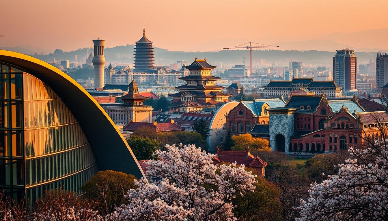 A sprawling cityscape of striking architectural marvels, bathed in warm, golden hues. In the foreground, the elegant curves and geometric shapes of a modern art museum, its glass facade reflecting the vibrant surroundings. Towering in the middle ground, a historic palace adorned with intricate carvings and ornate roofs, standing as a testament to the region's rich cultural heritage. Framing the scene, a lush park dotted with blooming cherry trees, their delicate petals dancing in the gentle breeze. Soft, diffused lighting casts a serene, contemplative atmosphere, inviting viewers to explore the captivating interplay of old and new, tradition and innovation, that defines this artistic haven. A sprawling cityscape of striking architectural marvels, bathed in warm, golden hues. In the foreground, the elegant curves and geometric shapes of a modern art museum, its glass facade reflecting the vibrant surroundings. Towering in the middle ground, a historic palace adorned with intricate carvings and ornate roofs, standing as a testament to the region's rich cultural heritage. Framing the scene, a lush park dotted with blooming cherry trees, their delicate petals dancing in the gentle breeze. Soft, diffused lighting casts a serene, contemplative atmosphere, inviting viewers to explore the captivating interplay of old and new, tradition and innovation, that defines this artistic haven.