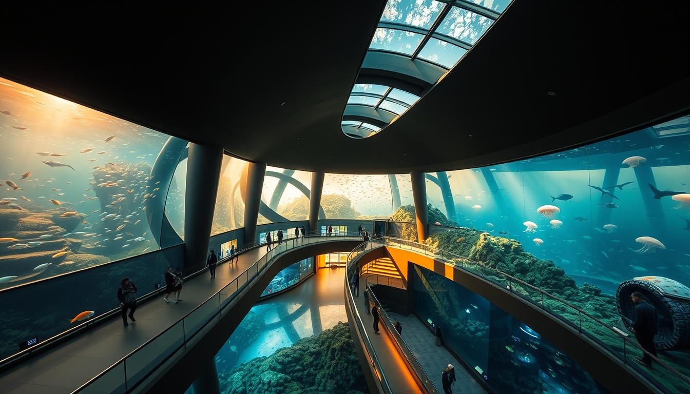 A sprawling, meticulously detailed aquarium complex nestled in the lush, rolling hills of Jeju Island. Massive acrylic tanks filled with vibrant, otherworldly marine life - schools of iridescent angelfish, graceful manta rays, and luminous jellyfish drifting in the dim, atmospheric lighting. Visitors strolling along curved walkways, gazing in awe at the underwater habitats. Elegant, contemporary architecture blending seamlessly with the natural landscape, large windows offering panoramic views. Warm, diffused sunlight filtering through the skylights, casting a soft, ethereal glow over the entire scene. An immersive, tranquil oasis that transports visitors to a different, captivating world beneath the waves. A sprawling, meticulously detailed aquarium complex nestled in the lush, rolling hills of Jeju Island. Massive acrylic tanks filled with vibrant, otherworldly marine life - schools of iridescent angelfish, graceful manta rays, and luminous jellyfish drifting in the dim, atmospheric lighting. Visitors strolling along curved walkways, gazing in awe at the underwater habitats. Elegant, contemporary architecture blending seamlessly with the natural landscape, large windows offering panoramic views. Warm, diffused sunlight filtering through the skylights, casting a soft, ethereal glow over the entire scene. An immersive, tranquil oasis that transports visitors to a different, captivating world beneath the waves.