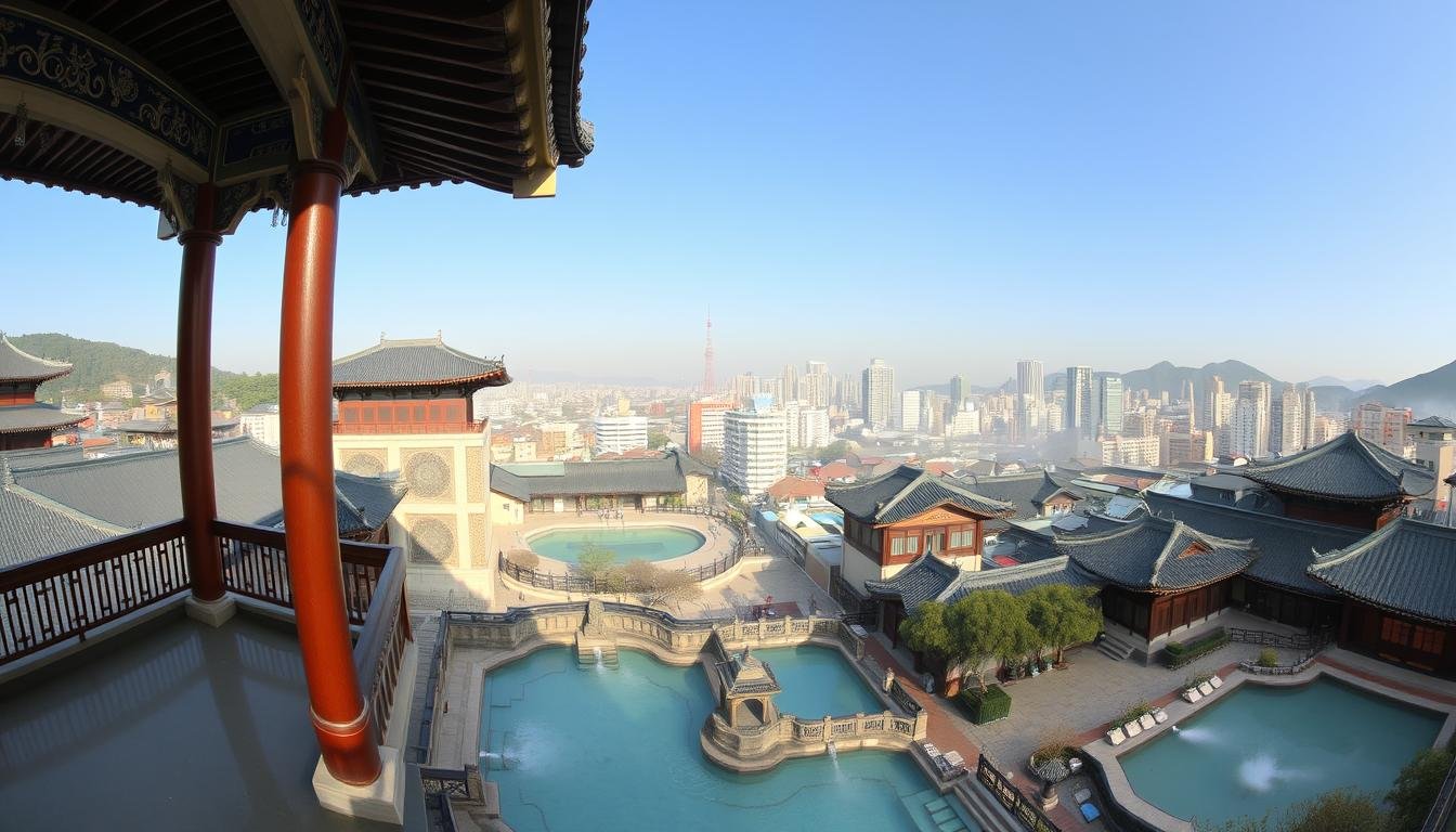 A sprawling panoramic view of Seoul's premier bathhouses, from the bustling city center to the tranquil outskirts. Capture the essence of Korean spa culture - ornate traditional architecture, serene indoor pools, and the steam-filled halls where locals and visitors alike indulge in the restorative ritual of jjimjilbang. Utilize a wide-angle lens to showcase the diverse range of facilities, from cozy neighborhood spas to expansive resort-style complexes. Bathe the scene in warm, diffused lighting that evokes the relaxing, therapeutic ambiance. Invite the viewer to imagine the soothing sounds of flowing water and the soothing scent of essential oils that permeate these unique cultural hubs. A sprawling panoramic view of Seoul's premier bathhouses, from the bustling city center to the tranquil outskirts. Capture the essence of Korean spa culture - ornate traditional architecture, serene indoor pools, and the steam-filled halls where locals and visitors alike indulge in the restorative ritual of jjimjilbang. Utilize a wide-angle lens to showcase the diverse range of facilities, from cozy neighborhood spas to expansive resort-style complexes. Bathe the scene in warm, diffused lighting that evokes the relaxing, therapeutic ambiance. Invite the viewer to imagine the soothing sounds of flowing water and the soothing scent of essential oils that permeate these unique cultural hubs.