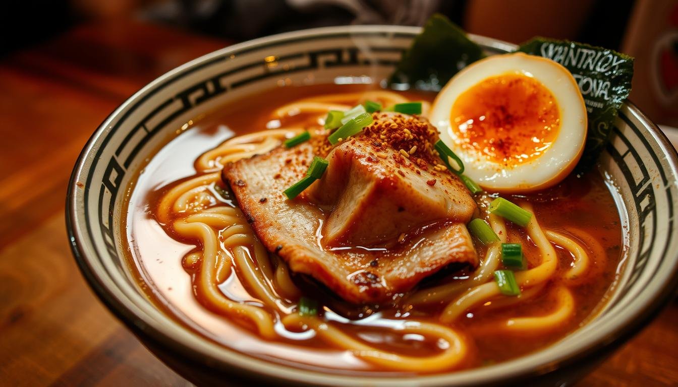 A steaming bowl of Japanese ramen, the noodles glistening with a rich, soy-based broth. Slices of tender pork belly, seasoned with aromatic spices, float atop the noodles. Garnished with fresh scallions, a soft-boiled egg, and a sprinkle of sesame seeds, the dish exudes an inviting, late-night comfort. Captured in a warm, low-light setting, the scene evokes the cozy, after-hours atmosphere of a Causeway Bay noodle shop, a haven for the late-night ramen cravings of Hong Kong's discerning "麵" enthusiasts. A steaming bowl of Japanese ramen, the noodles glistening with a rich, soy-based broth. Slices of tender pork belly, seasoned with aromatic spices, float atop the noodles. Garnished with fresh scallions, a soft-boiled egg, and a sprinkle of sesame seeds, the dish exudes an inviting, late-night comfort. Captured in a warm, low-light setting, the scene evokes the cozy, after-hours atmosphere of a Causeway Bay noodle shop, a haven for the late-night ramen cravings of Hong Kong's discerning "麵" enthusiasts.