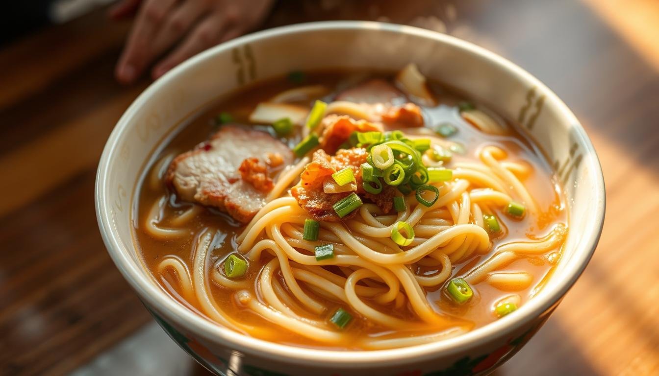 A steaming bowl of classic Cantonese-style "car seat noodles" (車仔麵) takes center stage. The noodles, cooked to a perfect al dente, are nestled in a rich, savory broth, garnished with tender slices of roast pork, crunchy beansprouts, and vibrant green onions. The lighting is warm and natural, casting a golden glow over the scene, inviting the viewer to indulge in this quintessential Hong Kong street food experience. The composition is simple yet elegant, highlighting the textures and flavors of this beloved local dish. This image captures the essence of "車仔麵" - a comforting, satisfying, and quintessentially Hong Kong-style lunch. A steaming bowl of classic Cantonese-style "car seat noodles" (車仔麵) takes center stage. The noodles, cooked to a perfect al dente, are nestled in a rich, savory broth, garnished with tender slices of roast pork, crunchy beansprouts, and vibrant green onions. The lighting is warm and natural, casting a golden glow over the scene, inviting the viewer to indulge in this quintessential Hong Kong street food experience. The composition is simple yet elegant, highlighting the textures and flavors of this beloved local dish. This image captures the essence of "車仔麵" - a comforting, satisfying, and quintessentially Hong Kong-style lunch.