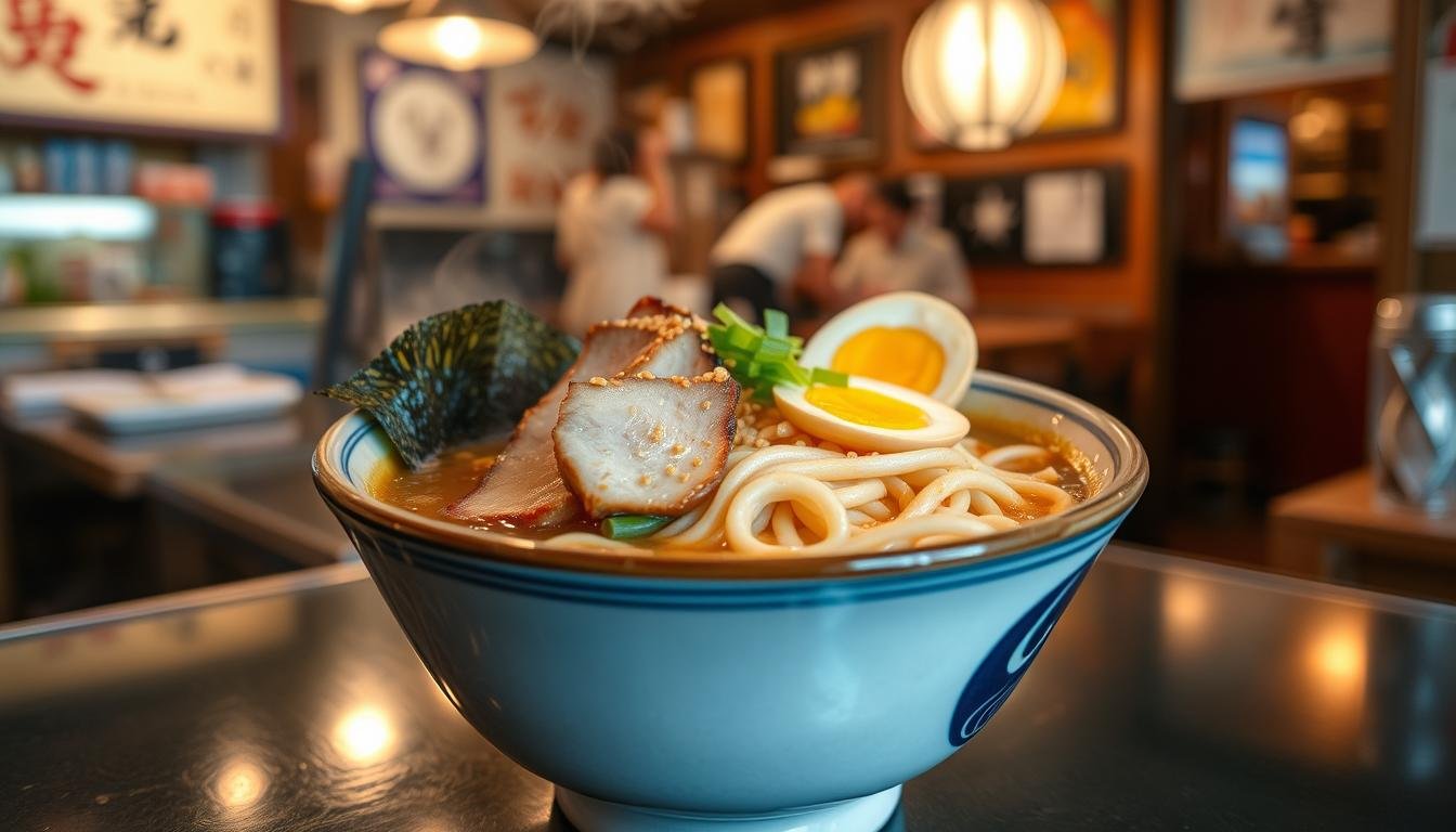 A steaming bowl of ramen noodles, the broth a rich, simmered-to-perfection tonkotsu, the noodles springy and perfectly al dente. Toppings of tender chashu pork, soft-boiled egg, fresh scallions, and a sprinkle of toasted sesame seeds. The bowl is set against a background of a cozy ramen shop interior, with warm lighting, wooden accents, and the faint aroma of sizzling aromatics in the air. The scene evokes the lively food culture and culinary traditions of the Kansai region, where ramen is an integral part of the local gastronomy. A steaming bowl of ramen noodles, the broth a rich, simmered-to-perfection tonkotsu, the noodles springy and perfectly al dente. Toppings of tender chashu pork, soft-boiled egg, fresh scallions, and a sprinkle of toasted sesame seeds. The bowl is set against a background of a cozy ramen shop interior, with warm lighting, wooden accents, and the faint aroma of sizzling aromatics in the air. The scene evokes the lively food culture and culinary traditions of the Kansai region, where ramen is an integral part of the local gastronomy.