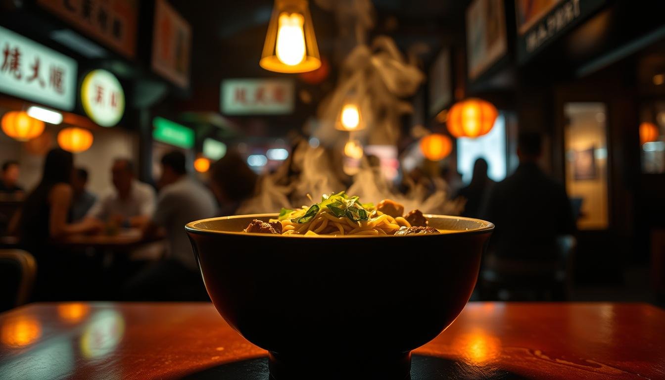 A steaming bowl of "牛骨湯拉麵" sits atop a dimly lit table, its rich broth glistening under the warm glow of a single pendant light. The noodles, perfectly al dente, are nestled among tender slices of beef and a scattering of scallions, adding a pop of color and freshness. In the background, the blurred silhouettes of a bustling late-night restaurant create a cozy, intimate atmosphere, transporting the viewer to the heart of Hong Kong's vibrant culinary scene.