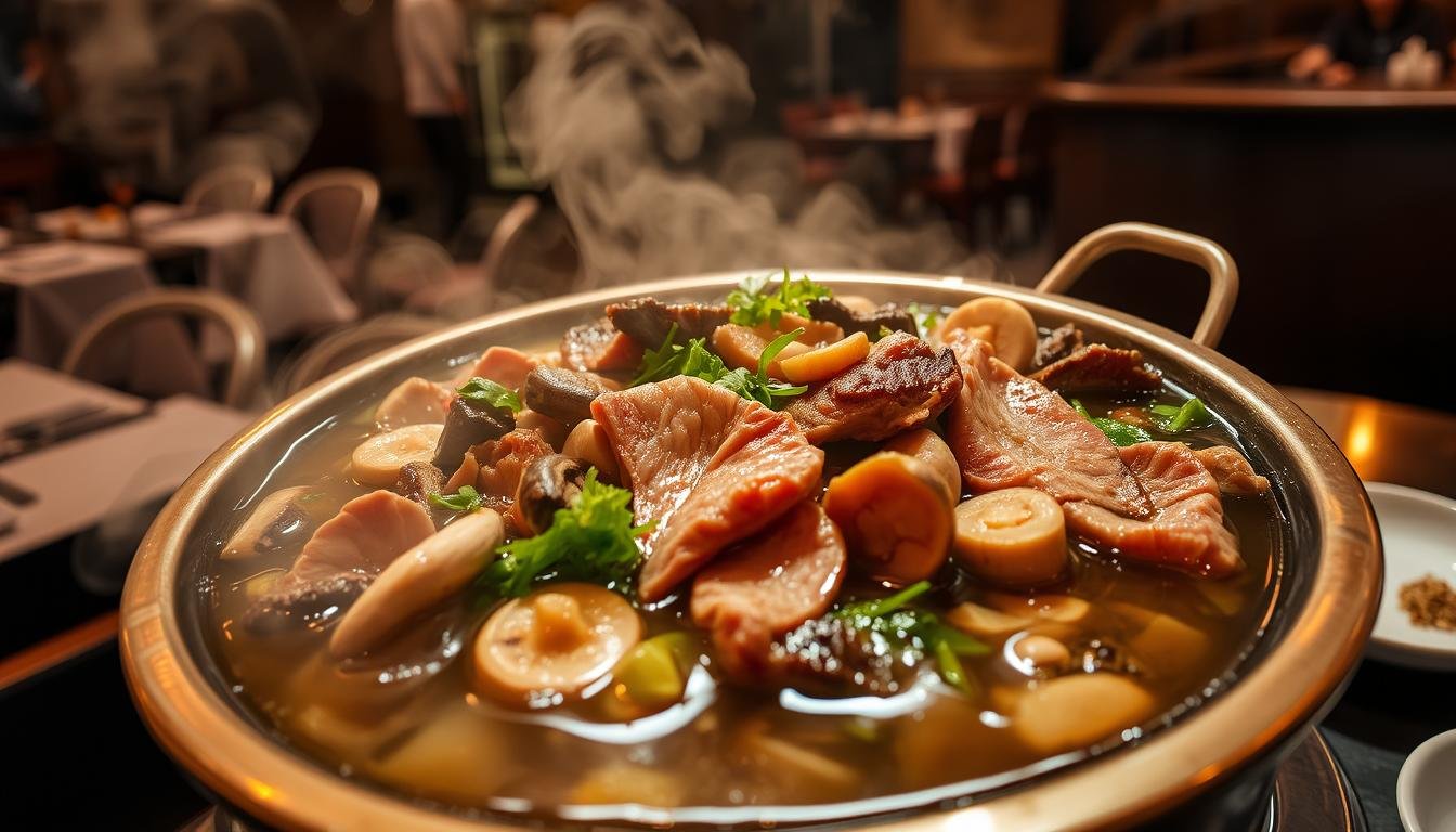 A steaming copper hot pot filled with a medley of tender slices of marbled beef, fragrant mushrooms, and vibrant vegetables simmering in a rich, savory broth. The scene is set against a backdrop of a cozy, dimly lit restaurant interior, with warm lighting casting a soft glow on the table. The atmosphere exudes a sense of comfort and indulgence, inviting the viewer to imagine the sizzling, aromatic experience of enjoying a delectable "shabu-shabu" hot pot dinner in the heart of Causeway Bay.