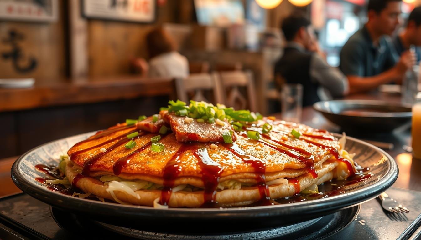 A steaming hot plate of "Okonomiyaki", the savory Japanese pancake, takes center stage. Layers of crisp batter, shredded cabbage, and juicy pork belly are skillfully arranged, drizzled with a tantalizing brown sauce and sprinkled with fragrant scallions. The dish radiates a warm, inviting glow under the soft, diffused lighting, casting a nostalgic ambiance. In the background, a weathered wooden counter and the silhouettes of diners hint at the centuries-old tradition of this Osaka street food, a true embodiment of the city's culinary soul. A steaming hot plate of "Okonomiyaki", the savory Japanese pancake, takes center stage. Layers of crisp batter, shredded cabbage, and juicy pork belly are skillfully arranged, drizzled with a tantalizing brown sauce and sprinkled with fragrant scallions. The dish radiates a warm, inviting glow under the soft, diffused lighting, casting a nostalgic ambiance. In the background, a weathered wooden counter and the silhouettes of diners hint at the centuries-old tradition of this Osaka street food, a true embodiment of the city's culinary soul.