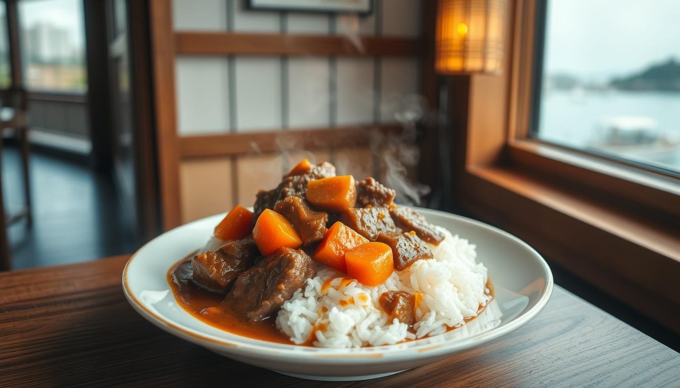 A steaming plate of savory Japanese Navy curry, served piping hot with tender chunks of beef and carrots nestled atop a bed of fluffy white rice. The curry's rich, aromatic sauce glistens under warm, soft lighting, inviting a hearty spoonful. The plate is set against a minimalist, traditional Japanese wooden table, with a glimpse of a tranquil harbor visible through a window in the background. The atmosphere exudes a sense of history and military heritage, complementing the naval theme of the dish. Captured with a wide-angle lens to highlight the contrasting textures and depth of the scene, this image perfectly encapsulates the essence of "海軍咖哩" as a signature dish of Yokosuka's naval heritage.