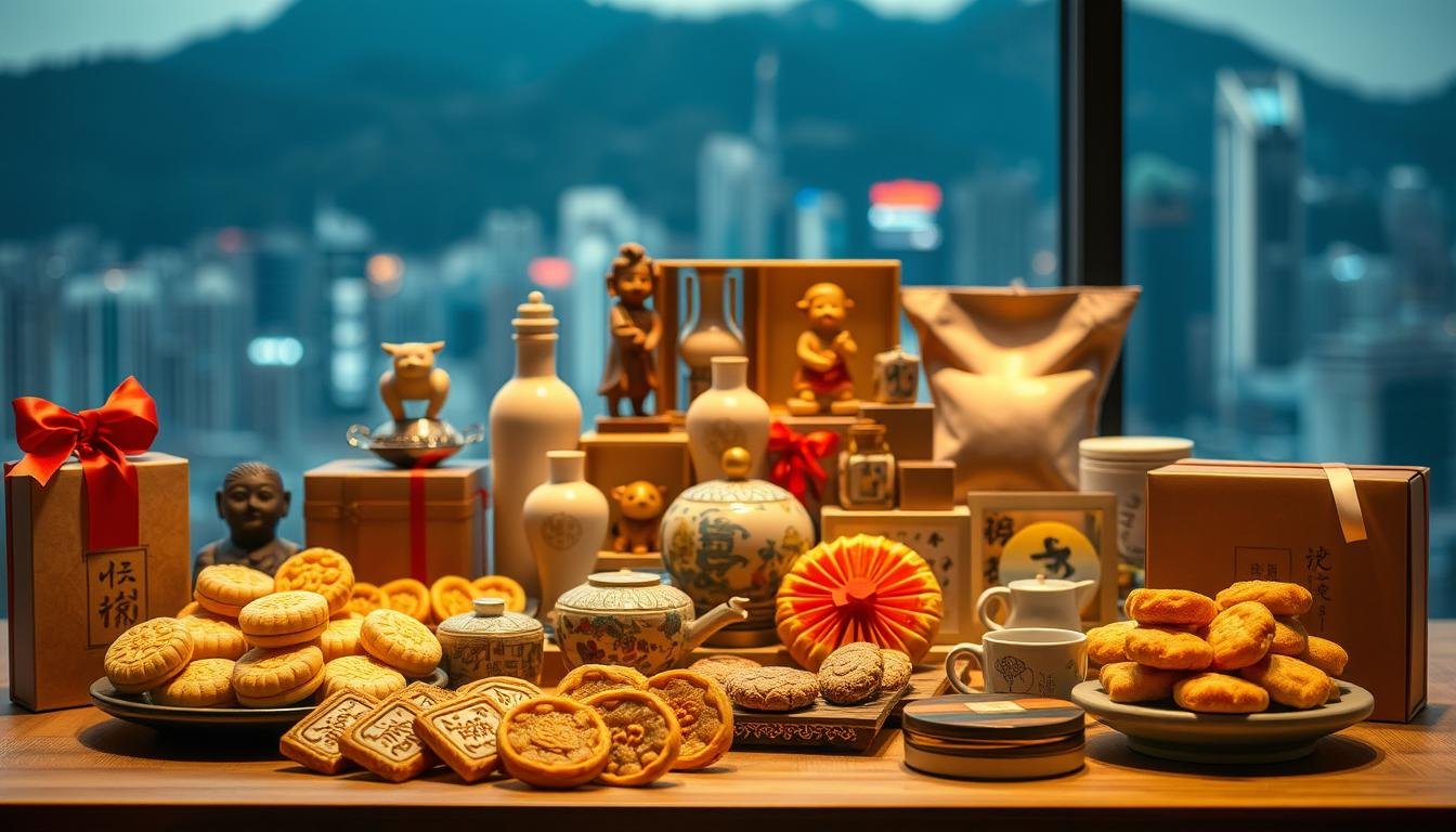 A still life arrangement of popular Hong Kong gift items, illuminated by warm, soft lighting. In the foreground, a selection of classic Cantonese pastries, including buttery cookies, flaky egg rolls, and traditional moon cakes. In the middle ground, a display of artisanal local products, such as handcrafted ceramics, wooden figurines, and aromatic teas. The background features a subtle, blurred cityscape, hinting at the vibrant urban culture of Hong Kong. The overall mood is one of elegance, tradition, and the comforts of home. A still life arrangement of popular Hong Kong gift items, illuminated by warm, soft lighting. In the foreground, a selection of classic Cantonese pastries, including buttery cookies, flaky egg rolls, and traditional moon cakes. In the middle ground, a display of artisanal local products, such as handcrafted ceramics, wooden figurines, and aromatic teas. The background features a subtle, blurred cityscape, hinting at the vibrant urban culture of Hong Kong. The overall mood is one of elegance, tradition, and the comforts of home.