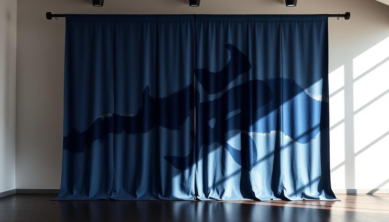A striking, large-scale theatrical curtain backdrop in the traditional Japanese style, featuring a dramatic and abstract interpretation of the kanji character "幕". The curtain's surface is textured with bold, expressive brushstrokes in a deep, saturated shade of indigo blue, creating a sense of depth and movement. The curtain is dramatically lit from the side, casting dramatic shadows and highlights that accentuate the dimensional quality of the brushwork. The curtain is positioned in a minimalist, contemporary gallery space, allowing the artwork to be the central focus. The overall mood is one of elegance, sophistication, and a fusion of traditional and modern aesthetics.
