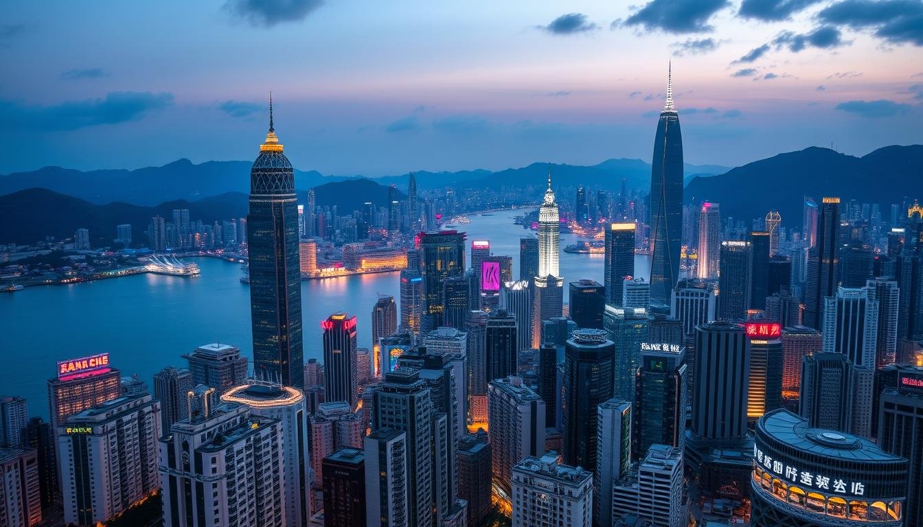 A stunning aerial view of Hong Kong's iconic skyline, with towering skyscrapers and lush mountains in the background. The city's famous Victoria Harbour is in the foreground, glimmering under the soft glow of dusk. Vibrant neon signs and lights illuminate the bustling streets below, creating a mesmerizing contrast against the serene harbor. The image captures the essence of Hong Kong's quintessential landmarks, from the striking architecture of the Bank of China Tower to the majestic peak of Victoria Peak. This captivating scene showcases the city's timeless allure and invites the viewer to explore its renowned sights and hidden gems.