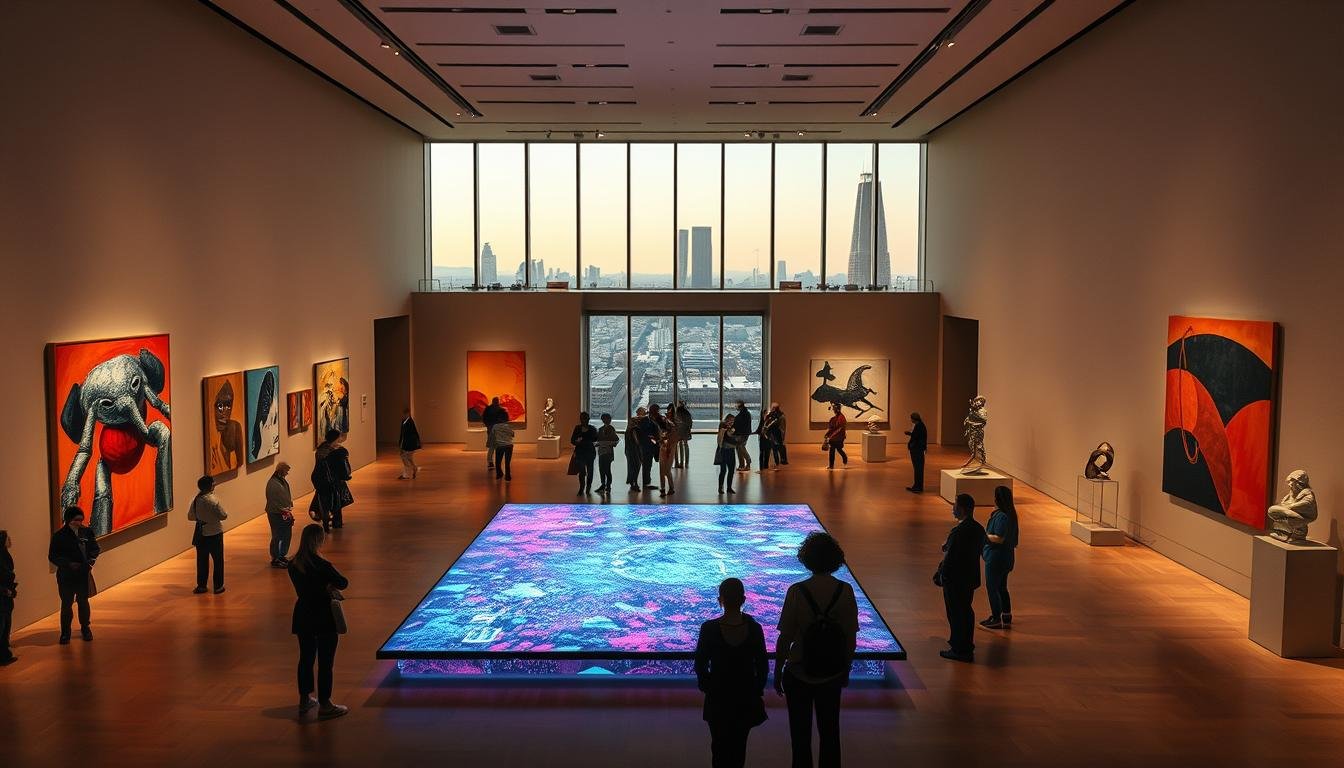 A stunning contemporary art exhibition in a breathtaking modern art museum. The gallery is bathed in warm, diffused lighting, casting a serene atmosphere. In the foreground, a mesmerizing digital art installation by the renowned teamLab collective unfolds, its dynamic, ever-changing visuals captivating visitors. Surrounding it, bold abstract paintings and sculptural works by renowned 21st-century artists adorn the walls and plinths, showcasing the diverse creativity of the modern art world. The middle ground features a mix of contemplative visitors, immersed in the captivating displays. In the background, the museum's sleek architectural lines and expansive windows offer glimpses of the vibrant city outside, creating a harmonious juxtaposition of the indoor and outdoor realms. A stunning contemporary art exhibition in a breathtaking modern art museum. The gallery is bathed in warm, diffused lighting, casting a serene atmosphere. In the foreground, a mesmerizing digital art installation by the renowned teamLab collective unfolds, its dynamic, ever-changing visuals captivating visitors. Surrounding it, bold abstract paintings and sculptural works by renowned 21st-century artists adorn the walls and plinths, showcasing the diverse creativity of the modern art world. The middle ground features a mix of contemplative visitors, immersed in the captivating displays. In the background, the museum's sleek architectural lines and expansive windows offer glimpses of the vibrant city outside, creating a harmonious juxtaposition of the indoor and outdoor realms.