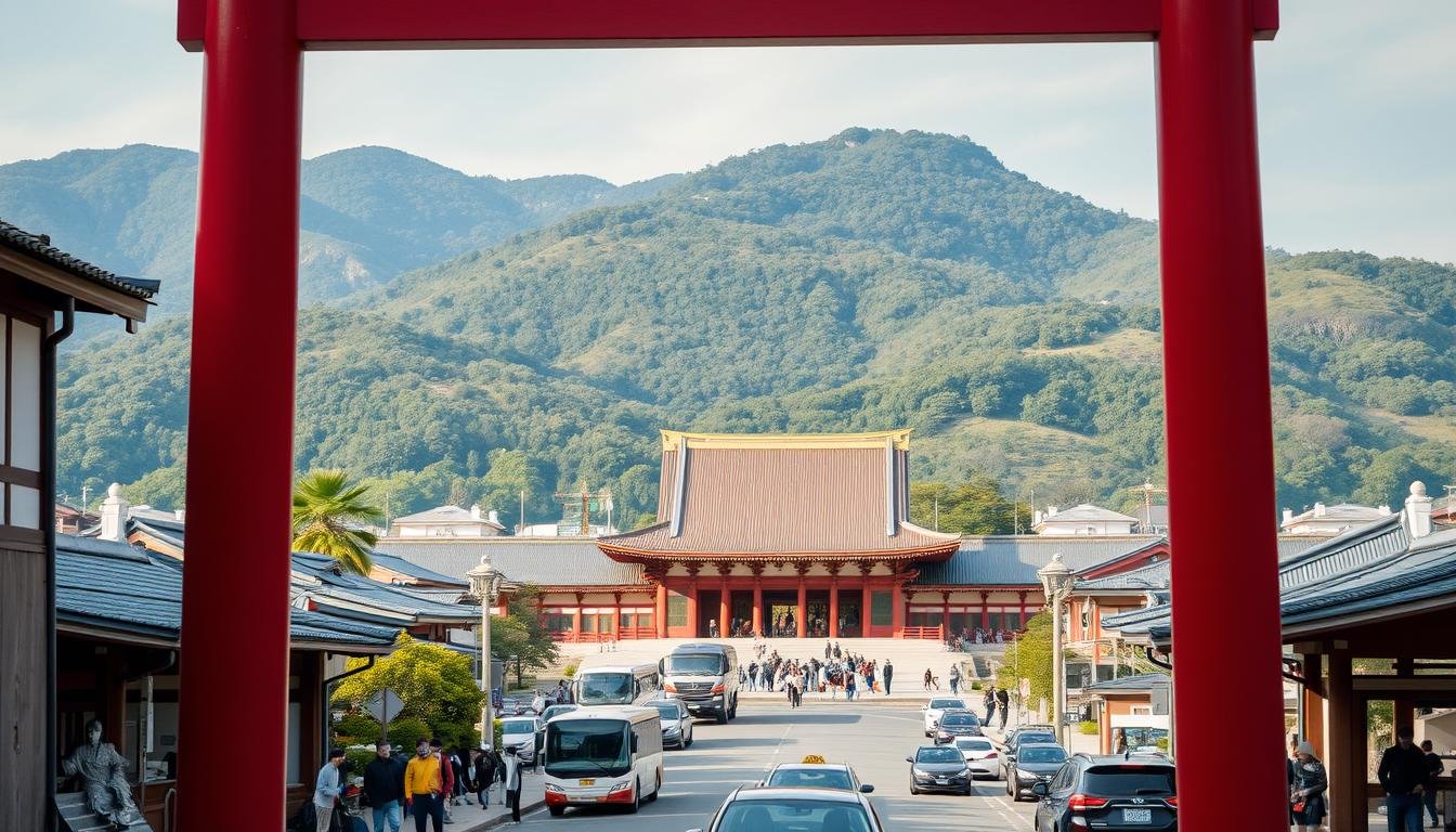 A stunning view of the historic Tōshō-gū Shrine in Nikkō, Japan. In the foreground, a traditional red Japanese torii gate frames the scene, leading the eye towards the majestic temple complex beyond. The middle ground features a bustling transportation hub, with tourists and locals alike navigating the area by bus, taxi, and private vehicle. In the background, lush, verdant mountains rise up, creating a picturesque backdrop. The lighting is soft and warm, evoking a sense of tranquility and timelessness. The camera angle is slightly elevated, providing a panoramic perspective that captures the scale and grandeur of this UNESCO World Heritage site. A stunning view of the historic Tōshō-gū Shrine in Nikkō, Japan. In the foreground, a traditional red Japanese torii gate frames the scene, leading the eye towards the majestic temple complex beyond. The middle ground features a bustling transportation hub, with tourists and locals alike navigating the area by bus, taxi, and private vehicle. In the background, lush, verdant mountains rise up, creating a picturesque backdrop. The lighting is soft and warm, evoking a sense of tranquility and timelessness. The camera angle is slightly elevated, providing a panoramic perspective that captures the scale and grandeur of this UNESCO World Heritage site.
