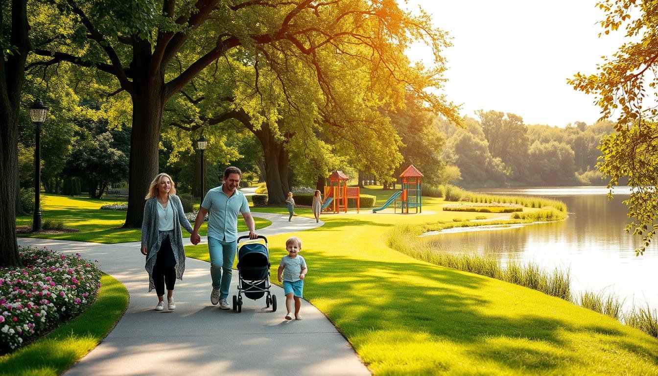 A sun-dappled path winds through a lush, verdant park, flanked by towering trees and blooming flower beds. In the foreground, a family strolls hand-in-hand, their faces alight with joy and wonder. The mother pushes a stroller, while the father guides his young son's eager steps. In the middle ground, children play on a colorful playground, their laughter carrying on the gentle breeze. Farther back, a serene lake reflects the tranquil scene, its still waters mirroring the surrounding greenery. Soft, warm lighting suffuses the entire composition, creating a sense of peaceful harmony and family-friendly adventure.