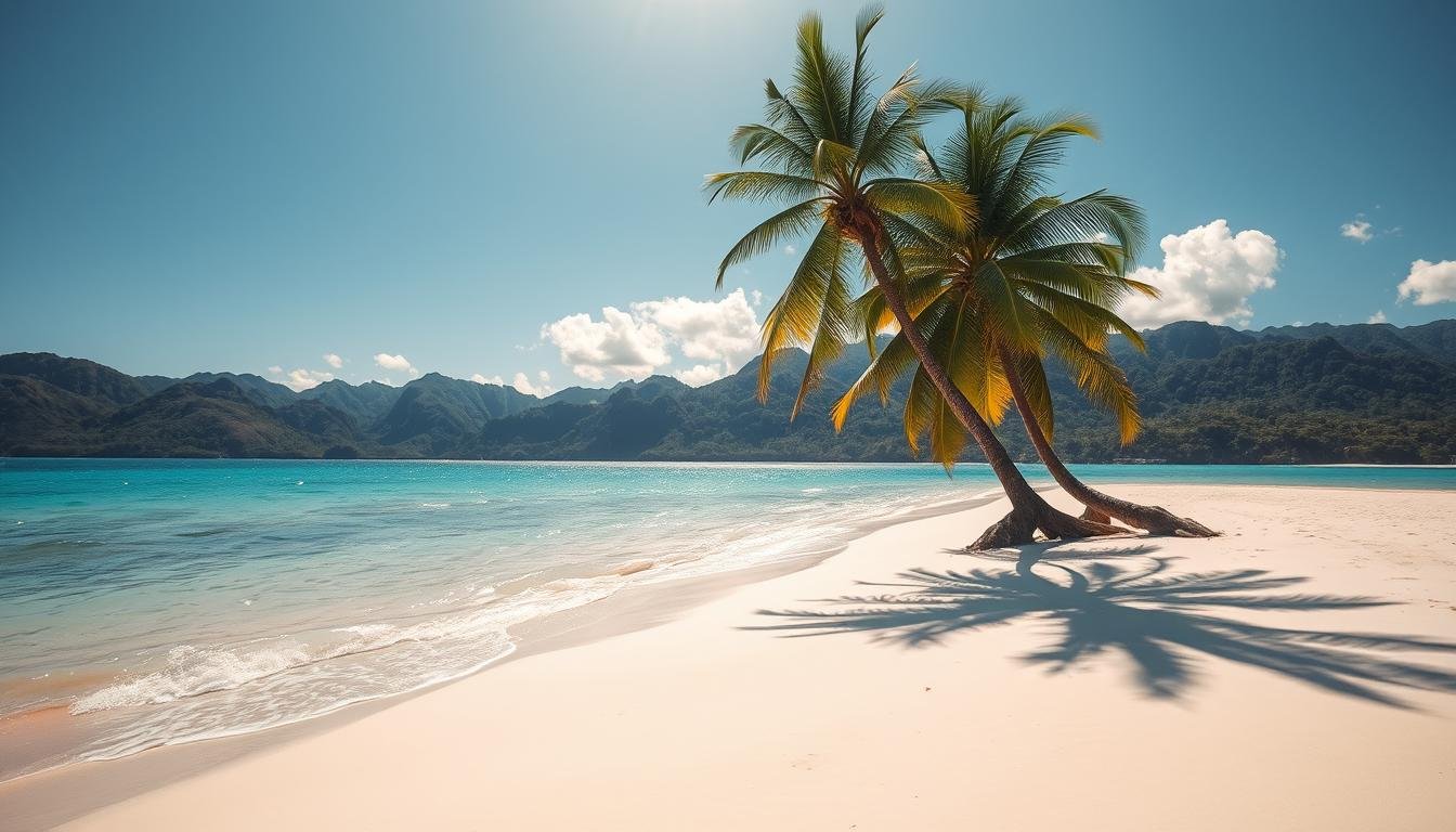 A sun-drenched tropical beach on the island of Koh Samui, Thailand. Soft white sand stretches out towards crystal clear turquoise waters, lapping gently at the shore. Lush palm trees sway in the gentle breeze, casting dappled shadows over the scene. In the distance, rugged, verdant hills rise up, creating a stunning natural backdrop. The atmosphere is one of tranquility and relaxation, inviting visitors to unwind and soak up the island's serenity. The composition emphasizes the balance between the serene ocean, the verdant landscape, and the warm, golden light of the sun, capturing the essence of Koh Samui's stunning beach environment.