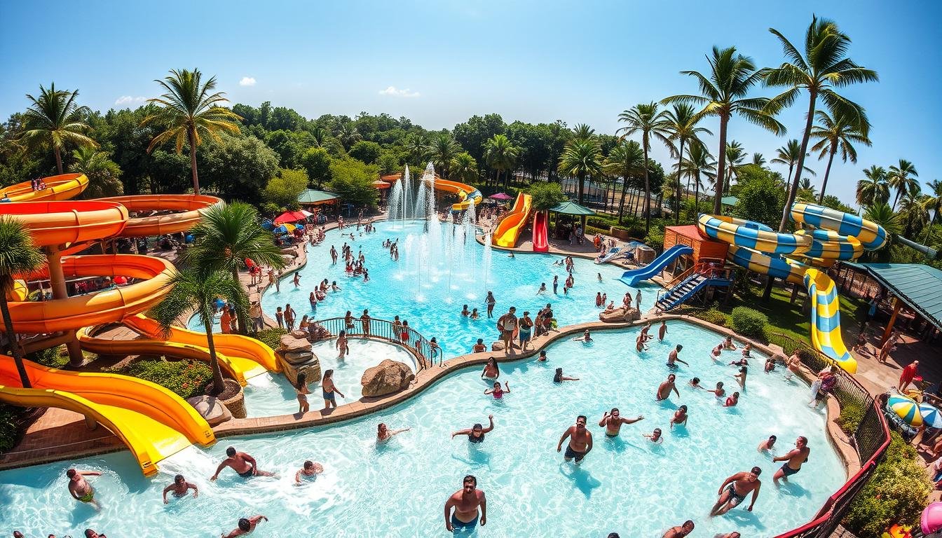 A sun-drenched, vibrant scene of a bustling water park. In the foreground, a series of thrilling water slides snake through the landscape, their twisting paths inviting visitors to plunge into the crystal-clear pools below. People of all ages splash and play, their laughter and joy filling the air. The middle ground showcases a variety of interactive water features - from gentle streams to energetic fountains - where families gather to cool off and have fun. In the background, lush greenery and towering palm trees frame the scene, creating a tropical oasis feel. The overall atmosphere is one of excitement, adventure, and pure summertime bliss, captured through a wide-angle lens that showcases the full scale and energy of this must-visit water park attraction. A sun-drenched, vibrant scene of a bustling water park. In the foreground, a series of thrilling water slides snake through the landscape, their twisting paths inviting visitors to plunge into the crystal-clear pools below. People of all ages splash and play, their laughter and joy filling the air. The middle ground showcases a variety of interactive water features - from gentle streams to energetic fountains - where families gather to cool off and have fun. In the background, lush greenery and towering palm trees frame the scene, creating a tropical oasis feel. The overall atmosphere is one of excitement, adventure, and pure summertime bliss, captured through a wide-angle lens that showcases the full scale and energy of this must-visit water park attraction.