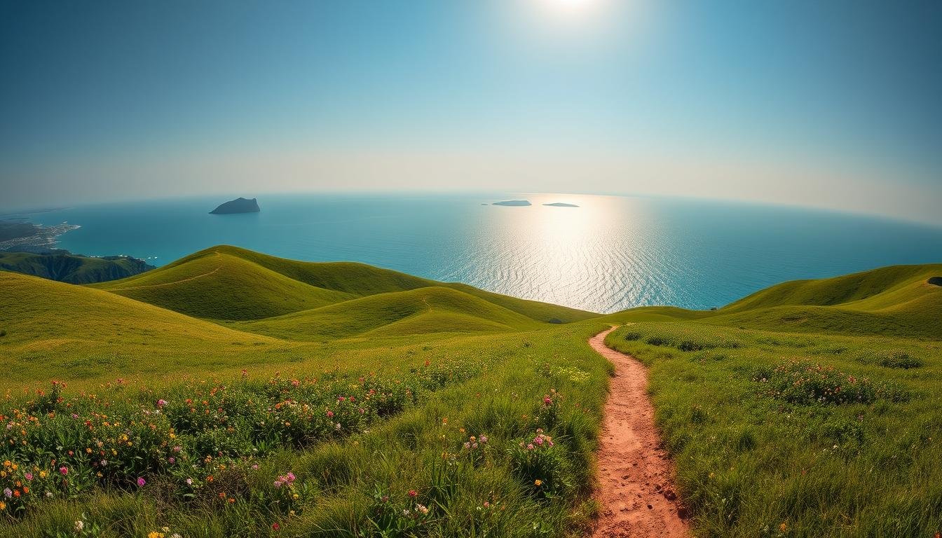 A sweeping panorama of the Tap Mun Grassland, a pristine coastal expanse on the outskirts of Hong Kong. Rolling green hills dotted with clusters of vibrant wildflowers lead the eye towards a shimmering azure sea, where the distant silhouette of Tap Mun island stands against the horizon. The sun casts a warm, golden glow, illuminating the tranquil scene. In the foreground, a winding dirt path invites exploration, leading towards the shore and the promise of a seafood feast at the nearby Ap Lei Chau Pier. The overall atmosphere is one of serene, natural beauty, a perfect complement to the bustling vibrancy of the nearby city.
