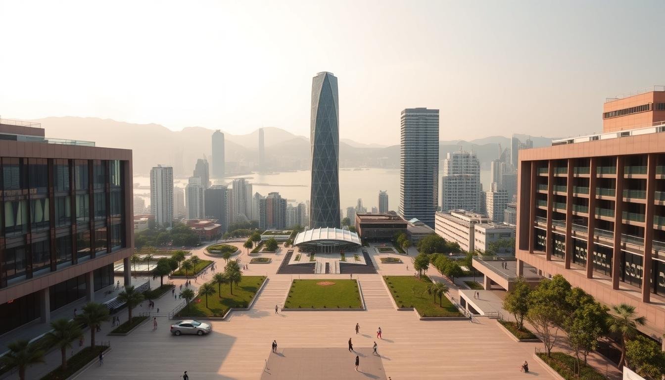 A sweeping panoramic view of Hong Kong's West Kowloon Cultural District, showcasing its harmonious integration of modern architecture, public green spaces, and historic elements. In the foreground, a tranquil plaza with sleek, minimalist buildings, their glass facades reflecting the surrounding landscape. In the middle ground, a towering structure with a distinctive curved silhouette, its intricate geometric design casting dynamic shadows. The background features the iconic Hong Kong skyline, with the iconic Victoria Harbour in the distance, bathed in warm, golden-hour lighting. The overall scene conveys a sense of balance, where the past and present coexist seamlessly, creating a visually striking and immersive experience for visitors to the West Kowloon Cultural District. A sweeping panoramic view of Hong Kong's West Kowloon Cultural District, showcasing its harmonious integration of modern architecture, public green spaces, and historic elements. In the foreground, a tranquil plaza with sleek, minimalist buildings, their glass facades reflecting the surrounding landscape. In the middle ground, a towering structure with a distinctive curved silhouette, its intricate geometric design casting dynamic shadows. The background features the iconic Hong Kong skyline, with the iconic Victoria Harbour in the distance, bathed in warm, golden-hour lighting. The overall scene conveys a sense of balance, where the past and present coexist seamlessly, creating a visually striking and immersive experience for visitors to the West Kowloon Cultural District.