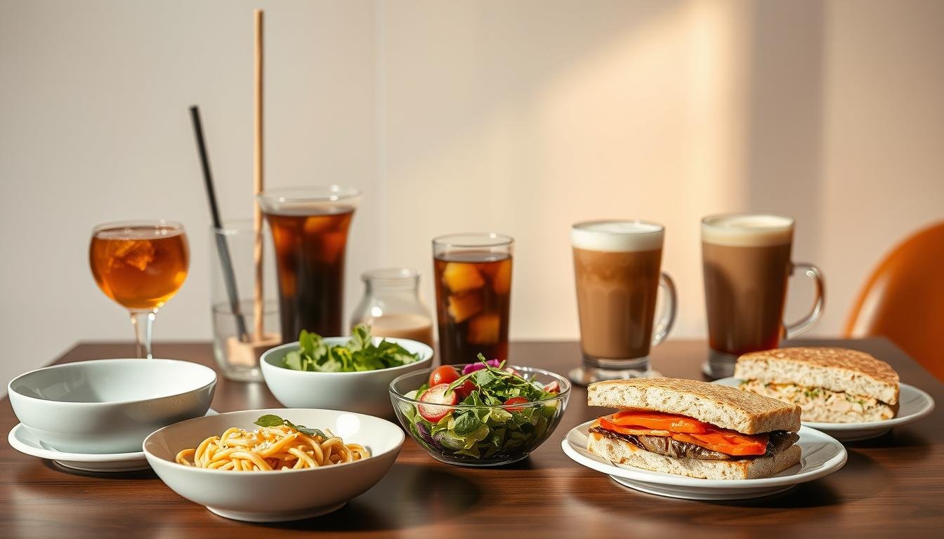 A table setting showcasing a variety of lunch options, ranging from affordable to slightly indulgent. In the foreground, a simple but delectable set of dishes, including a hearty bowl of noodles, a crisp salad, and an artfully presented sandwich. The middle ground features an array of drinks, from a refreshing iced tea to a smooth latte. In the background, a minimalist yet elegant backdrop, with muted tones and clean lines to create a calming, sophisticated atmosphere. Warm, natural lighting casts a soft glow, accentuating the textures and colors of the food. The overall composition conveys a sense of balance, quality, and accessibility, reflecting the diversity of lunch options within a reasonable budget. A table setting showcasing a variety of lunch options, ranging from affordable to slightly indulgent. In the foreground, a simple but delectable set of dishes, including a hearty bowl of noodles, a crisp salad, and an artfully presented sandwich. The middle ground features an array of drinks, from a refreshing iced tea to a smooth latte. In the background, a minimalist yet elegant backdrop, with muted tones and clean lines to create a calming, sophisticated atmosphere. Warm, natural lighting casts a soft glow, accentuating the textures and colors of the food. The overall composition conveys a sense of balance, quality, and accessibility, reflecting the diversity of lunch options within a reasonable budget.