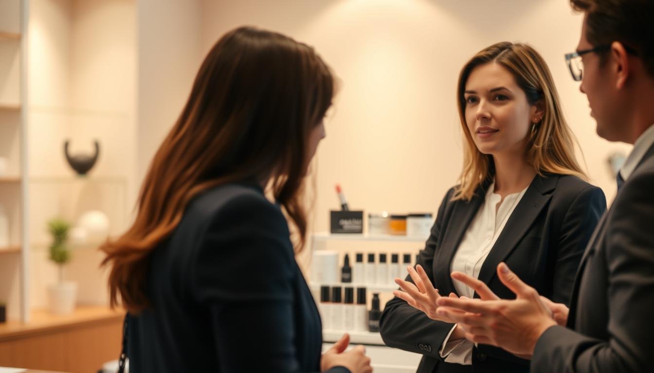 A thoughtful conversation about effective sales tactics, set against a warm and inviting atmosphere. In the foreground, two people engaged in earnest discussion, their body language open and receptive. The middle ground features a neatly arranged display of high-quality cosmetic products, hinting at the topic at hand. The background softly blurs, creating a sense of calm focus. Soft, diffused lighting illuminates the scene, conveying an air of professionalism and trust. Subtle details, such as carefully placed accessories, add to the overall refined and sophisticated ambiance. A thoughtful conversation about effective sales tactics, set against a warm and inviting atmosphere. In the foreground, two people engaged in earnest discussion, their body language open and receptive. The middle ground features a neatly arranged display of high-quality cosmetic products, hinting at the topic at hand. The background softly blurs, creating a sense of calm focus. Soft, diffused lighting illuminates the scene, conveying an air of professionalism and trust. Subtle details, such as carefully placed accessories, add to the overall refined and sophisticated ambiance.