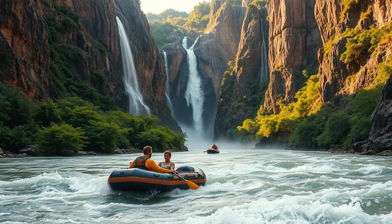 A thrilling river exploration amid dramatic cliffs and cascading waterfalls. In the foreground, a small inflatable raft navigates the churning rapids, its passengers bracing against the spray. The middle ground reveals lush green foliage lining the riverbanks, while the background is dominated by towering rock formations in shades of gray and brown, illuminated by warm, golden sunlight. The scene conveys a sense of adventure and exhilaration, with the rugged natural landscape providing a captivating backdrop for the daring water-based activities. A thrilling river exploration amid dramatic cliffs and cascading waterfalls. In the foreground, a small inflatable raft navigates the churning rapids, its passengers bracing against the spray. The middle ground reveals lush green foliage lining the riverbanks, while the background is dominated by towering rock formations in shades of gray and brown, illuminated by warm, golden sunlight. The scene conveys a sense of adventure and exhilaration, with the rugged natural landscape providing a captivating backdrop for the daring water-based activities.