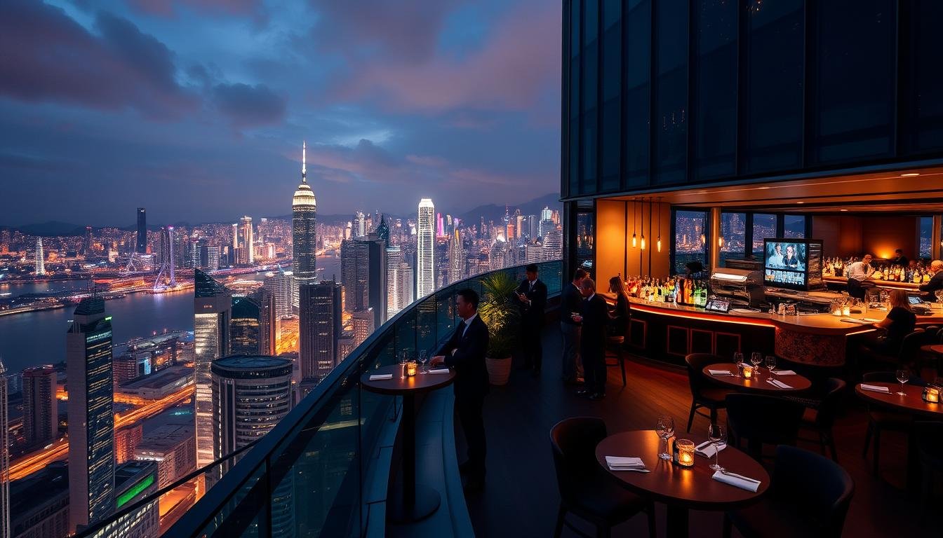 A towering, contemporary hotel located in the heart of Hong Kong's vibrant cityscape. The structure features a sleek, glass-and-steel facade that reflects the bright lights of the city skyline. The hotel's rooftop bar is situated on the upper floors, offering panoramic views of the iconic Hong Kong harbor and the surrounding skyscrapers. Patrons enjoy sipping craft cocktails and premium spirits while taking in the breathtaking nightscape below. Moody, warm lighting creates an intimate, sophisticated ambiance, complemented by modern, minimalist decor. The bar's outdoor terrace area allows guests to fully immerse themselves in the captivating urban panorama, creating an unforgettable high-altitude experience.