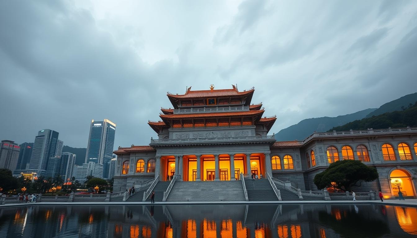 A towering, majestic edifice rises against the backdrop of Hong Kong's iconic skyline. The Hong Kong Palace Museum, a striking blend of traditional Chinese and modern architecture, stands as a cultural beacon in the heart of the West Kowloon Cultural District. Meticulously crafted details adorn the façade, from ornate eaves to intricate stone carvings, evoking the rich heritage of the Forbidden City. Visitors are drawn in by the warm, golden lighting that emanates from the expansive windows, promising an immersive journey through China's artistic treasures. Sweeping staircases lead to grand exhibition halls, where ancient artifacts and contemporary installations coexist in a harmonious dialogue. The museum's striking silhouette reflects in the nearby water features, creating a captivating mirrored effect that amplifies the grandeur of this cultural landmark.