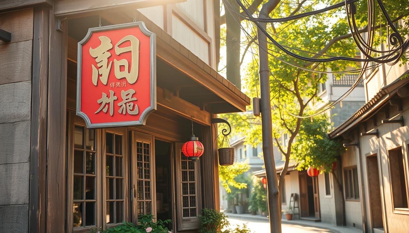 A traditional Chinese storefront with a red hanging sign featuring the character "店" in bold calligraphy. The storefront is made of weathered wood and features ornate, carved window frames. Potted plants and hanging lanterns adorn the entrance, creating a cozy, inviting atmosphere. The store is situated on a narrow street in a quaint village, with lush greenery and traditional architecture in the background. Warm, golden afternoon sunlight filters through the scene, casting a gentle glow and soft shadows.