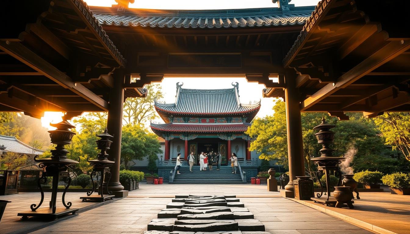 A traditional Chinese temple courtyard, illuminated by warm, golden sunlight filtering through the intricate eaves and ornate roof tiles. In the foreground, a series of stepping stones lead visitors through the entryway, inviting them to embark on a sacred pilgrimage. Towering incense burners and carefully arranged offerings flank the path, creating an atmosphere of reverence and contemplation. In the middle ground, the imposing facade of the Huang Da Xian Temple rises, its intricate carvings and vibrant colors reflecting the rich history and cultural significance of this revered Taoist site. The background is filled with lush, verdant foliage, providing a serene, natural backdrop to this hallowed place of worship. A traditional Chinese temple courtyard, illuminated by warm, golden sunlight filtering through the intricate eaves and ornate roof tiles. In the foreground, a series of stepping stones lead visitors through the entryway, inviting them to embark on a sacred pilgrimage. Towering incense burners and carefully arranged offerings flank the path, creating an atmosphere of reverence and contemplation. In the middle ground, the imposing facade of the Huang Da Xian Temple rises, its intricate carvings and vibrant colors reflecting the rich history and cultural significance of this revered Taoist site. The background is filled with lush, verdant foliage, providing a serene, natural backdrop to this hallowed place of worship.