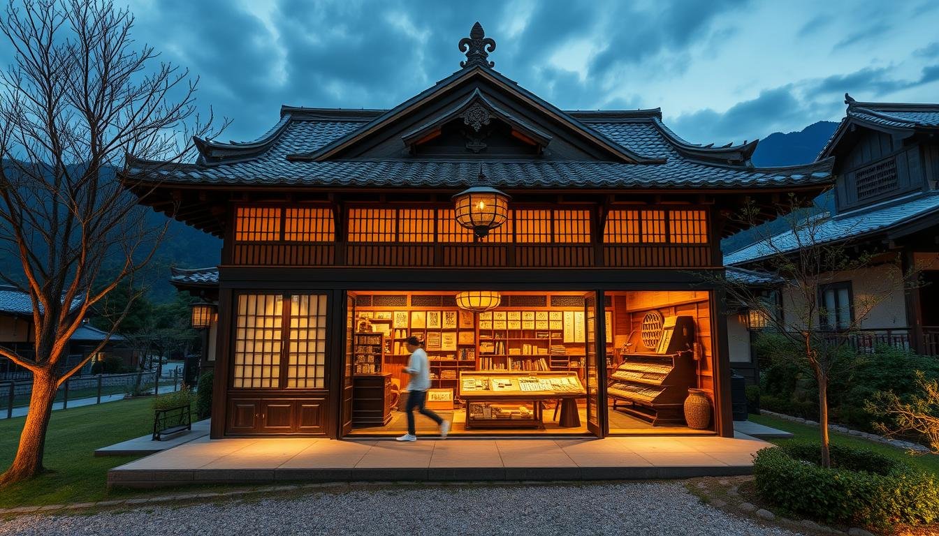 A traditional Japanese sake museum, set against a backdrop of a serene, traditional Japanese landscape. The exterior features an elegant, historic architecture with intricate wooden details and a tiled roof. Inside, the museum showcases an extensive collection of traditional sake-making tools, artifacts, and educational displays, illuminated by warm, soft lighting. The atmosphere is one of reverence and appreciation for the rich cultural heritage of Japanese sake production. The scene conveys a sense of timelessness, inviting visitors to immerse themselves in the captivating history and craftsmanship behind this iconic Japanese beverage. A traditional Japanese sake museum, set against a backdrop of a serene, traditional Japanese landscape. The exterior features an elegant, historic architecture with intricate wooden details and a tiled roof. Inside, the museum showcases an extensive collection of traditional sake-making tools, artifacts, and educational displays, illuminated by warm, soft lighting. The atmosphere is one of reverence and appreciation for the rich cultural heritage of Japanese sake production. The scene conveys a sense of timelessness, inviting visitors to immerse themselves in the captivating history and craftsmanship behind this iconic Japanese beverage.