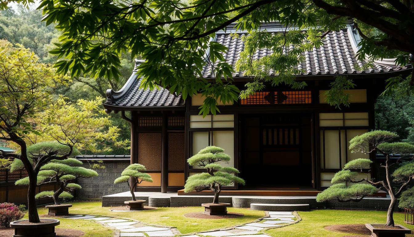 A traditional Japanese-style building with a distinctive tiled roof, nestled in a lush, verdant setting. The structure has elegant architectural details, like intricate woodcarvings and paper screens, emanating a sense of timeless cultural heritage. Warm, natural lighting filters through the windows, casting a soft, welcoming glow. The building is surrounded by a tranquil garden, with carefully pruned bonsai trees and a meandering stone path leading to the entrance. An atmosphere of serene contemplation and refined simplicity pervades the scene, inviting the viewer to step inside and immerse themselves in the timeless elegance of Japanese design. A traditional Japanese-style building with a distinctive tiled roof, nestled in a lush, verdant setting. The structure has elegant architectural details, like intricate woodcarvings and paper screens, emanating a sense of timeless cultural heritage. Warm, natural lighting filters through the windows, casting a soft, welcoming glow. The building is surrounded by a tranquil garden, with carefully pruned bonsai trees and a meandering stone path leading to the entrance. An atmosphere of serene contemplation and refined simplicity pervades the scene, inviting the viewer to step inside and immerse themselves in the timeless elegance of Japanese design.
