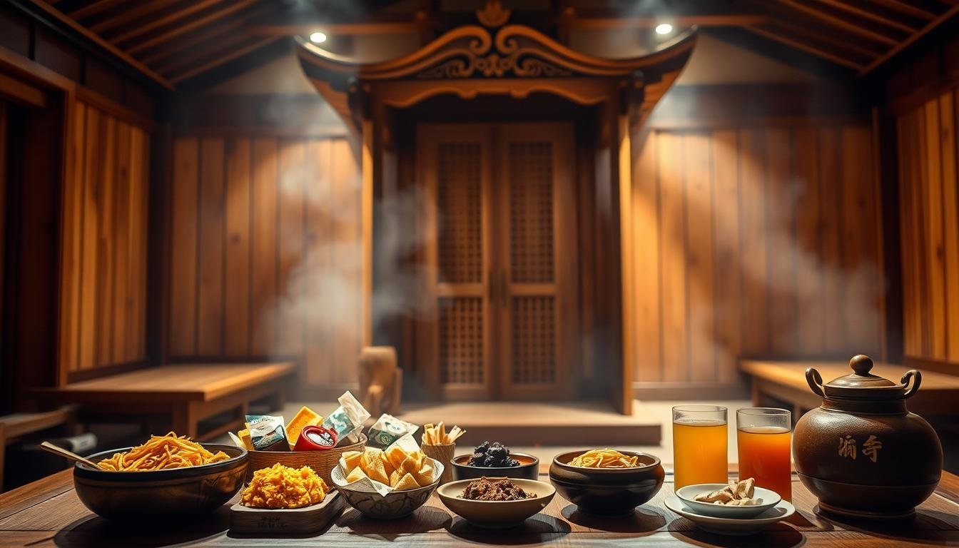 A traditional Korean 幕, prominently featured in the center of the frame, illuminated by warm, diffused lighting that casts gentle shadows across its intricate wooden structure. The 幕 stands tall and sturdy, its intricate carvings and elegant design commanding attention. In the foreground, a selection of traditional Korean snacks and refreshments, such as tteokbokki, japchae, and traditional tea, are artfully arranged, inviting the viewer to imagine the cozy, inviting atmosphere of a Korean jjimjilbang. The background is softly blurred, creating a sense of depth and focus on the main subject. The overall mood is one of tranquility, comfort, and the rich cultural heritage of Korea's centuries-old sauna tradition.