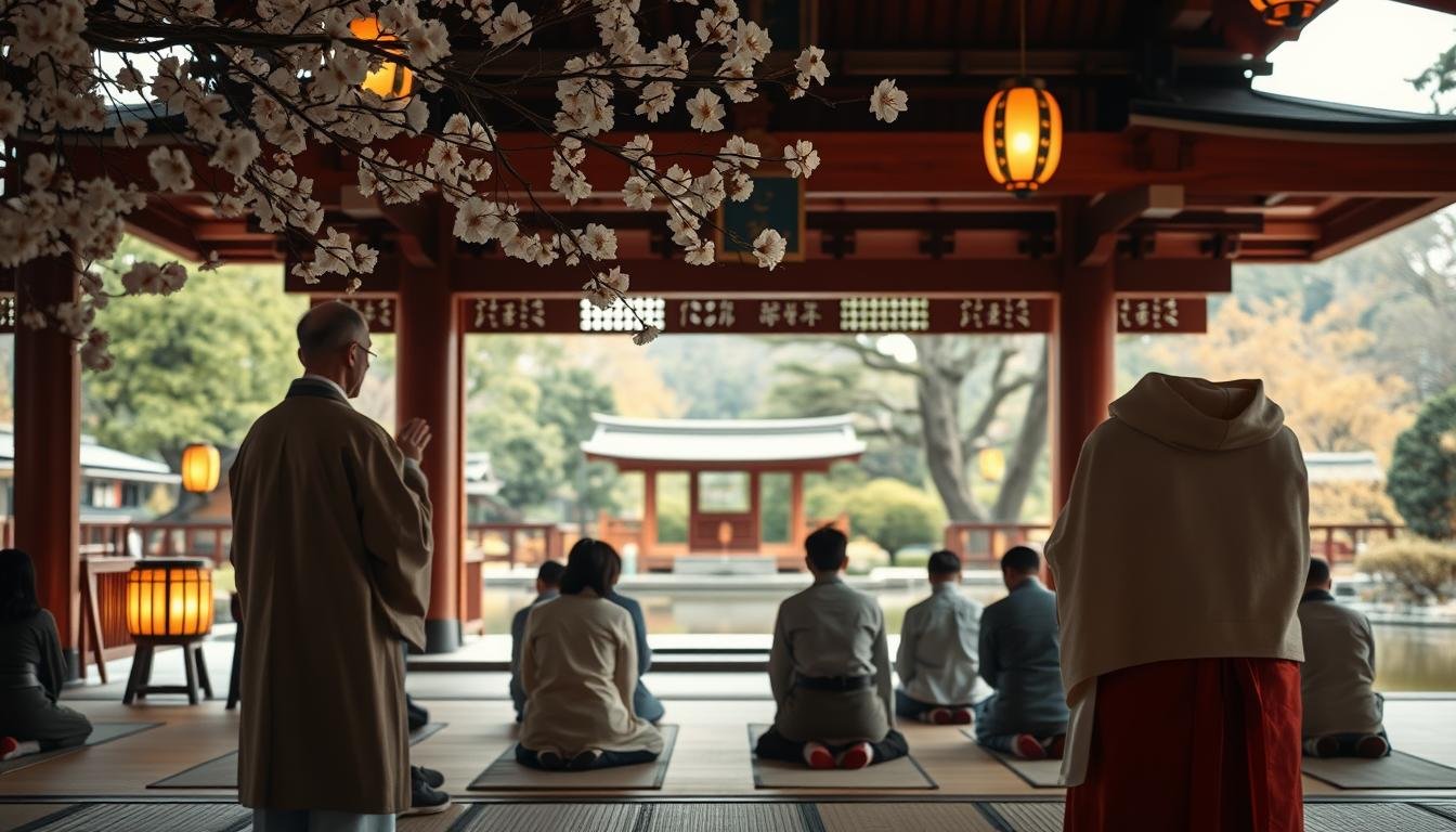 A traditional Shinto ritual at the Miyazaki Aoshima Shrine. In the foreground, a Shinto priest in ceremonial robes stands before an ornate wooden altar, hands clasped in prayer. Delicate cherry blossoms and lanterns adorn the scene, casting a warm, reverent glow. In the middle ground, worshippers kneel on tatami mats, heads bowed in solemn contemplation. The background reveals the serene, natural setting of the shrine, with lush greenery and a tranquil pond reflecting the sacred architecture. The composition captures the essence of the spiritual ceremony, radiating a sense of harmony, reverence, and connection with the divine. A traditional Shinto ritual at the Miyazaki Aoshima Shrine. In the foreground, a Shinto priest in ceremonial robes stands before an ornate wooden altar, hands clasped in prayer. Delicate cherry blossoms and lanterns adorn the scene, casting a warm, reverent glow. In the middle ground, worshippers kneel on tatami mats, heads bowed in solemn contemplation. The background reveals the serene, natural setting of the shrine, with lush greenery and a tranquil pond reflecting the sacred architecture. The composition captures the essence of the spiritual ceremony, radiating a sense of harmony, reverence, and connection with the divine.
