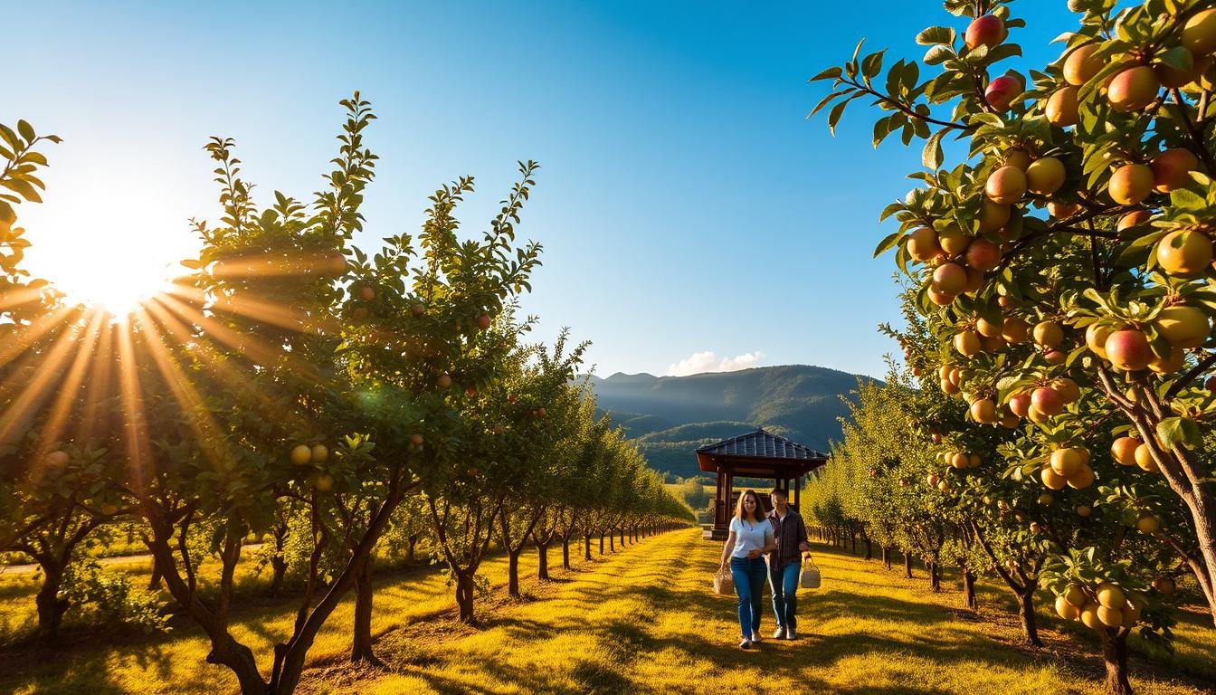 A tranquil Japanese apple orchard in autumn, with rows of lush green trees laden with ripe, crisp apples. The sun casts a warm, golden glow across the scene, casting long shadows and highlighting the vibrant foliage. In the foreground, a family strolls among the trees, baskets in hand, carefully selecting the best apples. The middle ground features a traditional wooden pavilion, where visitors can rest and admire the picturesque landscape. The background is framed by rolling hills and a clear blue sky, creating a serene and inviting atmosphere. The composition emphasizes the harmony between nature and human interaction, capturing the essence of the Hirosaki apple picking experience. A tranquil Japanese apple orchard in autumn, with rows of lush green trees laden with ripe, crisp apples. The sun casts a warm, golden glow across the scene, casting long shadows and highlighting the vibrant foliage. In the foreground, a family strolls among the trees, baskets in hand, carefully selecting the best apples. The middle ground features a traditional wooden pavilion, where visitors can rest and admire the picturesque landscape. The background is framed by rolling hills and a clear blue sky, creating a serene and inviting atmosphere. The composition emphasizes the harmony between nature and human interaction, capturing the essence of the Hirosaki apple picking experience.