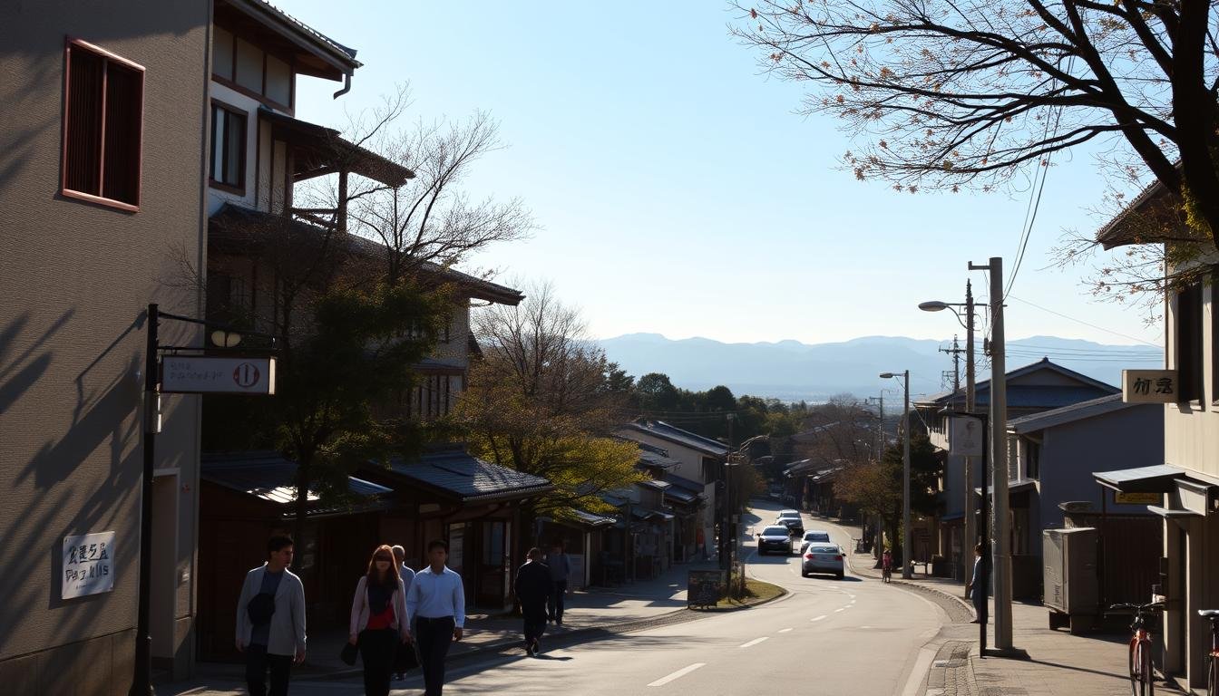 A tranquil Japanese street lined with traditional buildings, the sunlight filtering through the trees and casting soft shadows. In the foreground, a group of pedestrians strolling leisurely, their pace reflecting the serene atmosphere. The middle ground features a road winding gently, with a few cars and bicycles passing by. In the background, the silhouettes of distant mountains and a clear blue sky, creating a sense of depth and natural harmony. The scene is captured with a wide-angle lens, emphasizing the scale and proportions of the environment. The overall mood is one of calmness and contemplation, inviting the viewer to immerse themselves in the tranquil ambiance of this Japanese street scene.