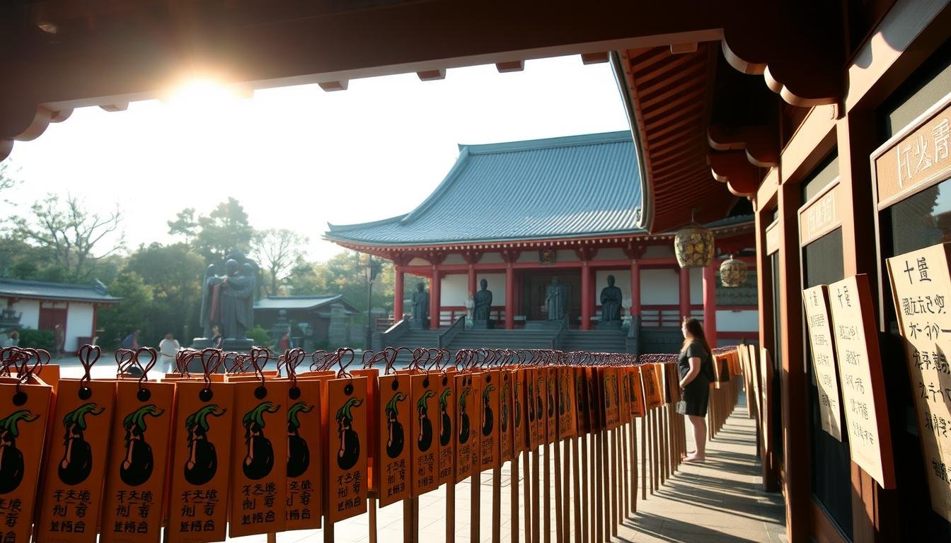 A tranquil Japanese temple courtyard, bathed in soft, warm light. In the foreground, a row of "Ema" wooden prayer tablets, each adorned with an intricate illustration of an eggplant. Worshippers carefully select their tablet, imbuing it with their heartfelt wishes. In the middle ground, a procession of revered Buddhist statues, the "Rakan", stand solemnly, their serene expressions conveying a sense of timeless wisdom. The main temple building rises in the background, its elegant architecture and crimson-lacquered details inviting the faithful to enter and commune with the divine. The overall atmosphere is one of reverence, tradition, and the sincere pursuit of spiritual fulfillment. A tranquil Japanese temple courtyard, bathed in soft, warm light. In the foreground, a row of "Ema" wooden prayer tablets, each adorned with an intricate illustration of an eggplant. Worshippers carefully select their tablet, imbuing it with their heartfelt wishes. In the middle ground, a procession of revered Buddhist statues, the "Rakan", stand solemnly, their serene expressions conveying a sense of timeless wisdom. The main temple building rises in the background, its elegant architecture and crimson-lacquered details inviting the faithful to enter and commune with the divine. The overall atmosphere is one of reverence, tradition, and the sincere pursuit of spiritual fulfillment.