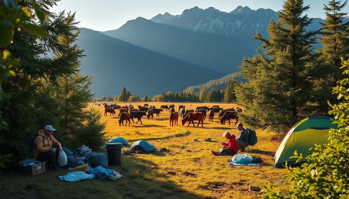 A tranquil campsite nestled amidst lush green foliage, with a majestic mountain range in the distance. In the foreground, a group of hikers carefully dispose of their waste, mindful of their environmental impact. In the middle ground, a herd of grazing cattle peacefully coexist with the campers, highlighting the importance of responsible interaction with local wildlife. The scene is bathed in warm, golden sunlight, creating a serene and inviting atmosphere. The overall composition conveys a sense of harmony between nature and human presence, emphasizing the principles of responsible camping and safety awareness.