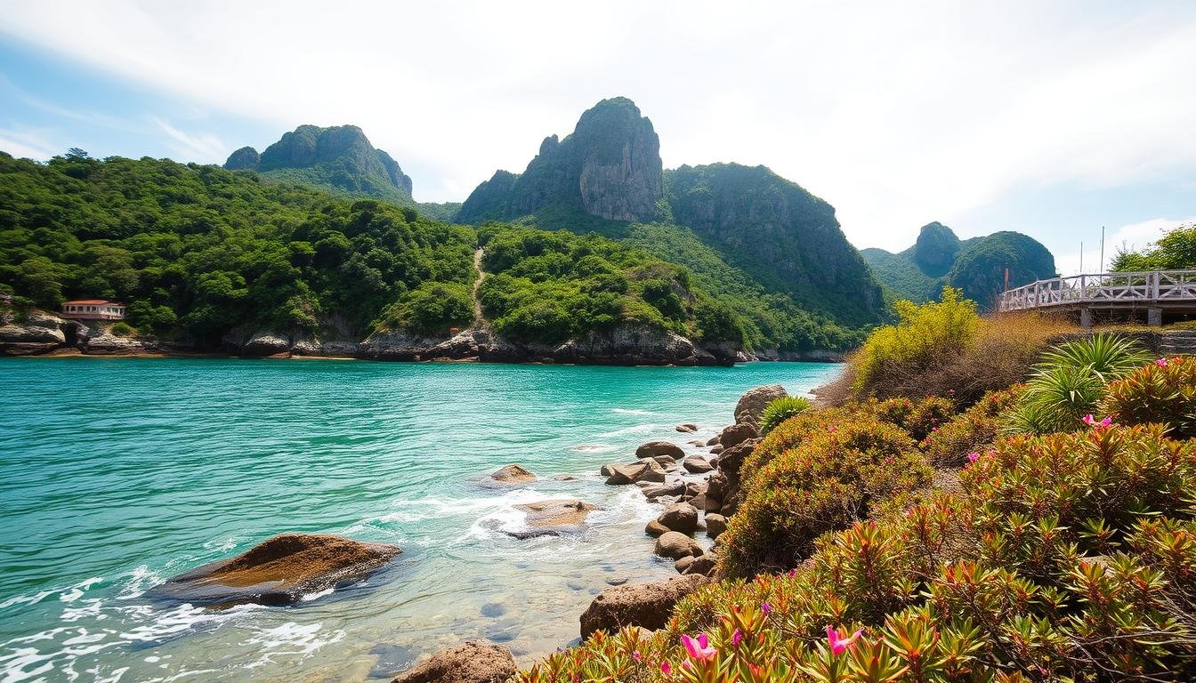 A tranquil coastal scene in Shek O, Hong Kong. In the foreground, a serene bay with crystal clear waters lapping gently against the shore. Colorful native flora and fauna adorn the rocky coastline. In the middle ground, a well-maintained walking trail winds through the lush greenery, guiding visitors on a protected eco-tour. Towering, craggy cliffs rise in the background, their rugged silhouettes framing the idyllic vista. Warm, golden sunlight filters through wispy clouds, casting a soft, natural glow over the entire scene. The mood is one of peaceful harmony, showcasing a sustainably-managed natural wonder. A tranquil coastal scene in Shek O, Hong Kong. In the foreground, a serene bay with crystal clear waters lapping gently against the shore. Colorful native flora and fauna adorn the rocky coastline. In the middle ground, a well-maintained walking trail winds through the lush greenery, guiding visitors on a protected eco-tour. Towering, craggy cliffs rise in the background, their rugged silhouettes framing the idyllic vista. Warm, golden sunlight filters through wispy clouds, casting a soft, natural glow over the entire scene. The mood is one of peaceful harmony, showcasing a sustainably-managed natural wonder.