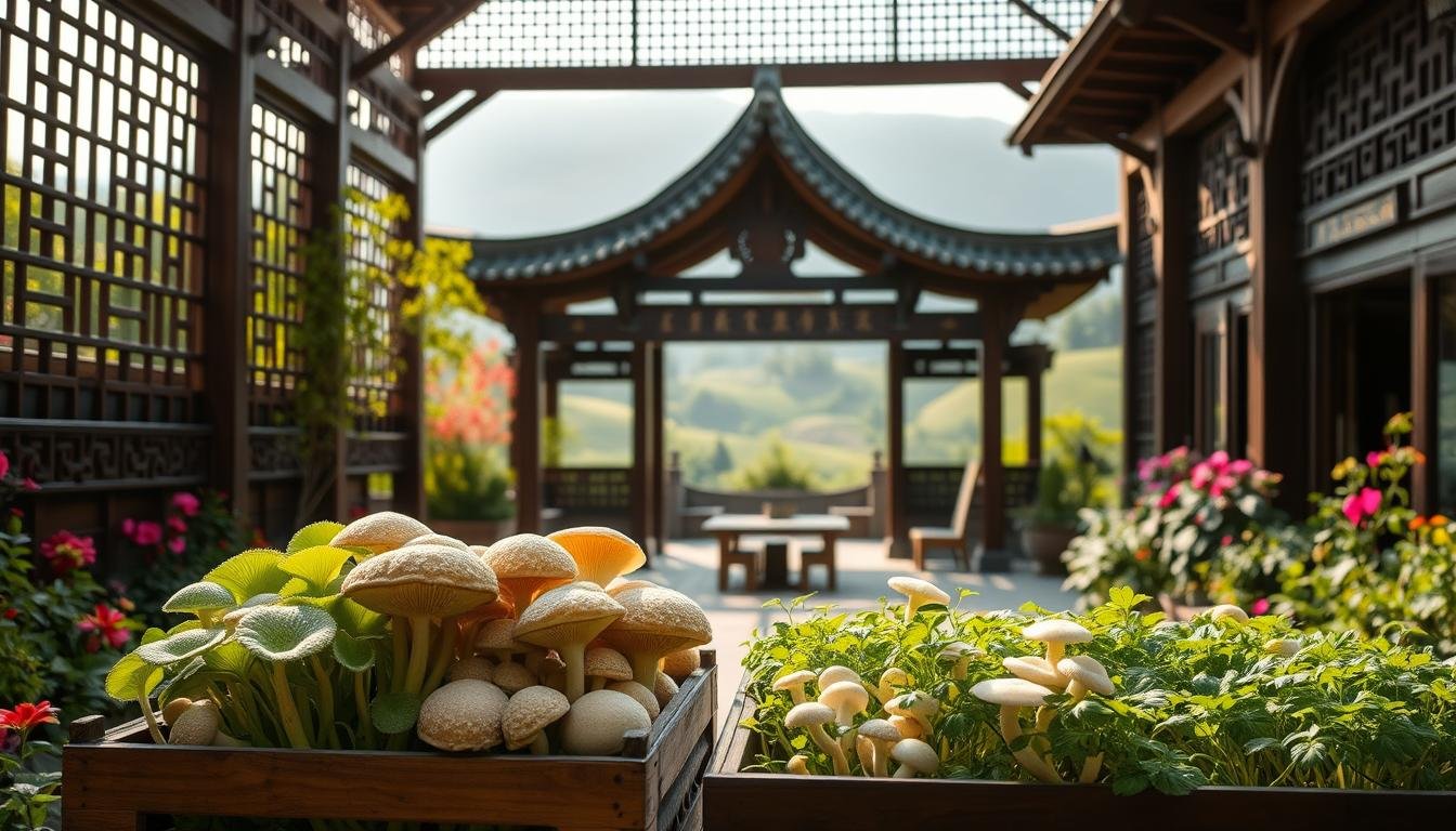 A tranquil courtyard with a traditional Chinese pavilion, the Longmen Loft Vegetarian Restaurant, surrounded by a lush garden filled with vibrant mushrooms and flowering plants. Soft natural lighting filters through the intricate lattice work, casting a warm, inviting glow. In the foreground, an assortment of freshly harvested mushrooms and vibrant green seedlings sit atop wooden crates, evoking the restaurant's commitment to organic, locally-sourced ingredients. The middle ground features the elegant Longmen Loft structure, its distinctive curved roof and carved details conveying a sense of timeless Chinese architecture. The background is a verdant landscape, with rolling hills and the distant silhouettes of trees, creating a serene, contemplative atmosphere.