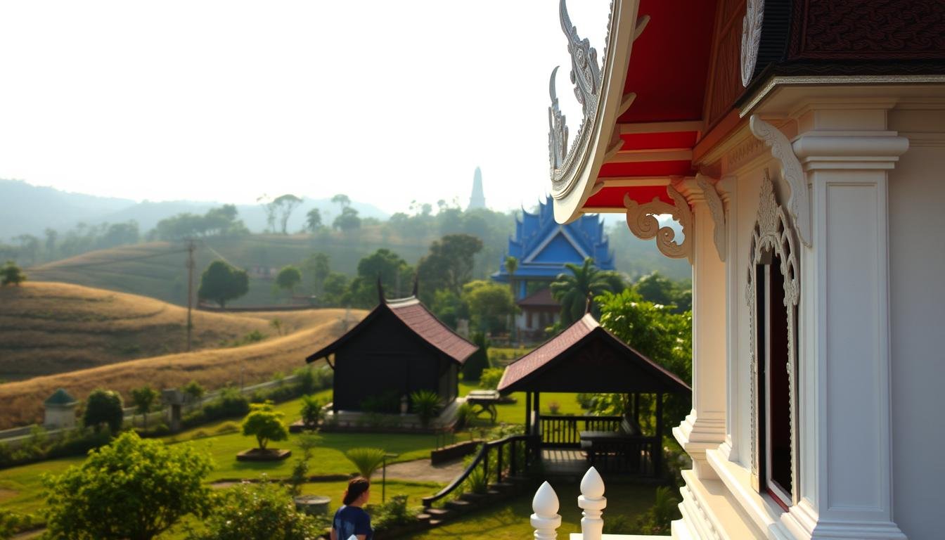 A tranquil day in Chiang Rai, Thailand. A serene landscape of rolling hills, lush greenery, and traditional Thai architecture. In the foreground, a peaceful temple with a striking white exterior gleams in the warm sunlight. Intricate carvings and ornate details adorn the roofline, casting delicate shadows. In the middle ground, a quaint black wooden house stands amidst a lush garden, its simple elegance a contrast to the ornate temple. In the background, a vibrant blue temple rises, its vibrant hues and distinctive architecture reflecting the rich cultural heritage of the region. Soft, diffused lighting creates a warm, atmospheric ambiance, inviting the viewer to explore this idyllic Thai getaway. A tranquil day in Chiang Rai, Thailand. A serene landscape of rolling hills, lush greenery, and traditional Thai architecture. In the foreground, a peaceful temple with a striking white exterior gleams in the warm sunlight. Intricate carvings and ornate details adorn the roofline, casting delicate shadows. In the middle ground, a quaint black wooden house stands amidst a lush garden, its simple elegance a contrast to the ornate temple. In the background, a vibrant blue temple rises, its vibrant hues and distinctive architecture reflecting the rich cultural heritage of the region. Soft, diffused lighting creates a warm, atmospheric ambiance, inviting the viewer to explore this idyllic Thai getaway.