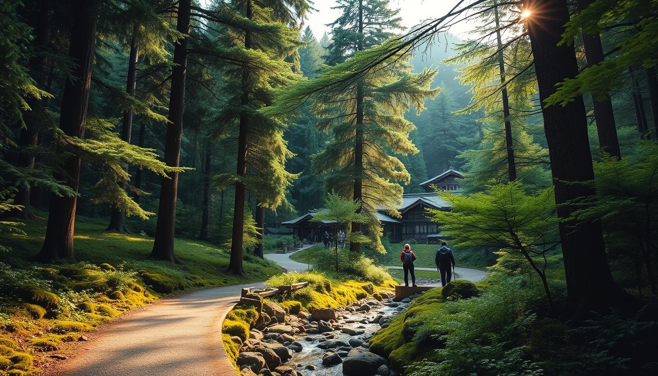 A tranquil forest in the heart of Japan, the soft light filtering through the verdant canopy, casting a warm glow on the winding path below. Towering evergreens stand sentry, their branches reaching skyward, while a gentle stream babbles over smooth stones. In the distance, a traditional ryokan nestles amidst the foliage, its elegant architecture in harmony with the natural surroundings. The air is crisp and fresh, carrying the earthy scent of moss and damp earth. Hikers tread carefully, immersed in the serene beauty of this sacred landscape, their footsteps the only sound to disturb the peaceful silence.