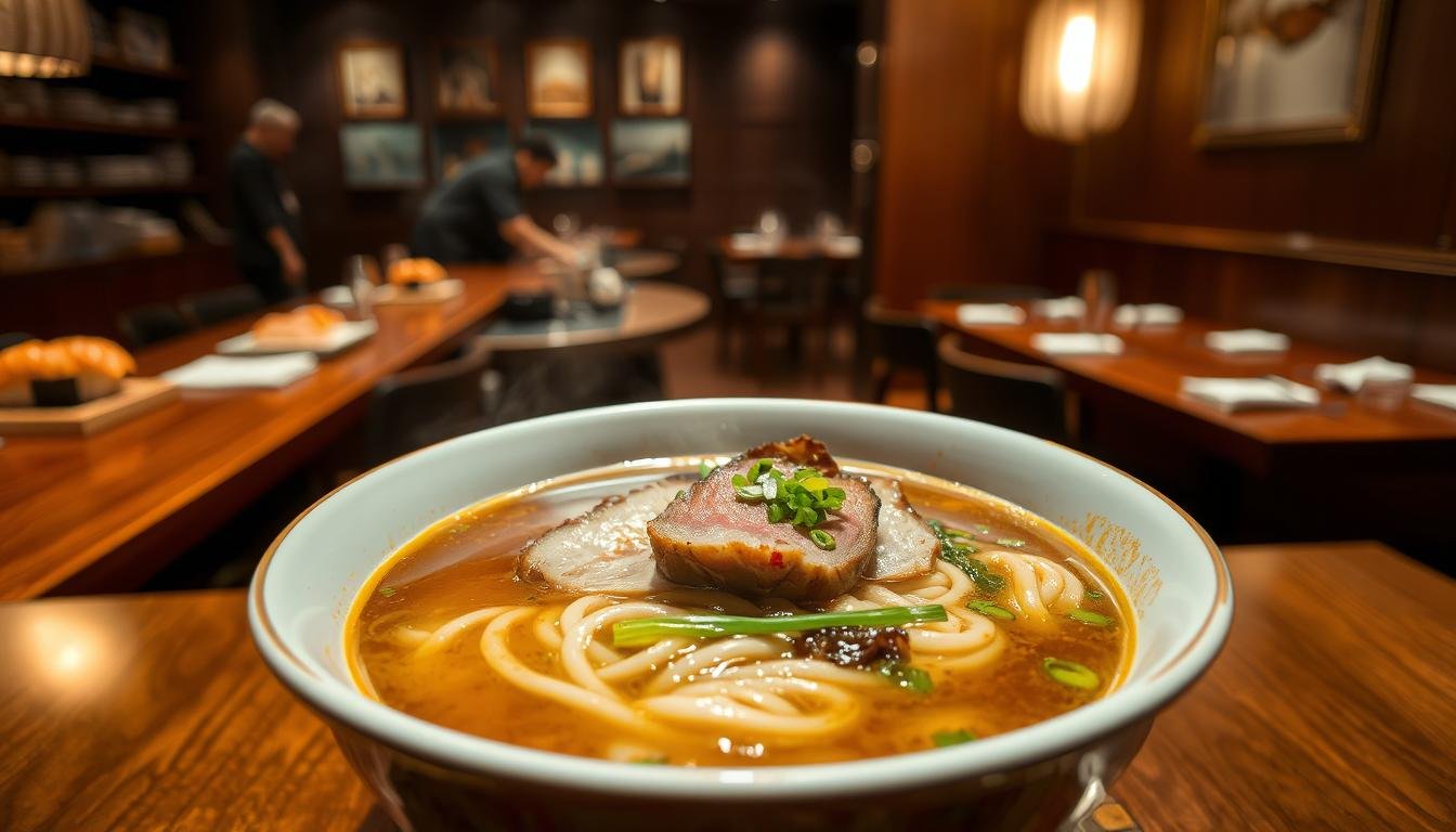 A tranquil, intimate Japanese restaurant tucked away in the heart of Causeway Bay. A richly lacquered wooden counter frames the meticulously choreographed sushi preparation, while warm, muted lighting casts a serene glow. In the foreground, a steaming bowl of ramen features thick, chewy noodles swimming in a rich, umami-laden broth infused with the essence of slow-simmered beef bones. Delicate slices of tender beef and vibrant green onions float atop, completing this elevated interpretation of a classic Japanese comfort dish. The overall scene evokes a reverence for culinary craftsmanship and the pursuit of perfection in every bite. A tranquil, intimate Japanese restaurant tucked away in the heart of Causeway Bay. A richly lacquered wooden counter frames the meticulously choreographed sushi preparation, while warm, muted lighting casts a serene glow. In the foreground, a steaming bowl of ramen features thick, chewy noodles swimming in a rich, umami-laden broth infused with the essence of slow-simmered beef bones. Delicate slices of tender beef and vibrant green onions float atop, completing this elevated interpretation of a classic Japanese comfort dish. The overall scene evokes a reverence for culinary craftsmanship and the pursuit of perfection in every bite.