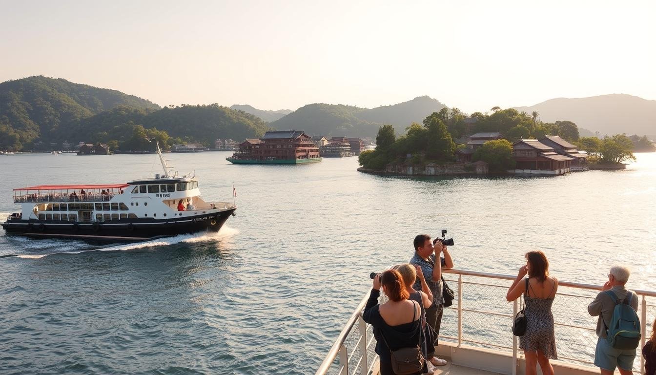A tranquil island-hopping adventure in the Seto Inland Sea. A picturesque ferry glides across the shimmering waters, its wake leaving gentle ripples. Lush, verdant islands dotted with traditional Japanese architecture come into view, their tiled roofs and wooden facades bathed in warm, golden sunlight. In the foreground, a group of travelers stand at the ship's railing, cameras in hand, eagerly anticipating the arrival at their next destination - a quaint fishing village or an art-filled island retreat. The scene exudes a sense of peaceful exploration, a harmony between nature and human experience, perfectly capturing the essence of the Setouchi Art Festival's island-hopping journey.