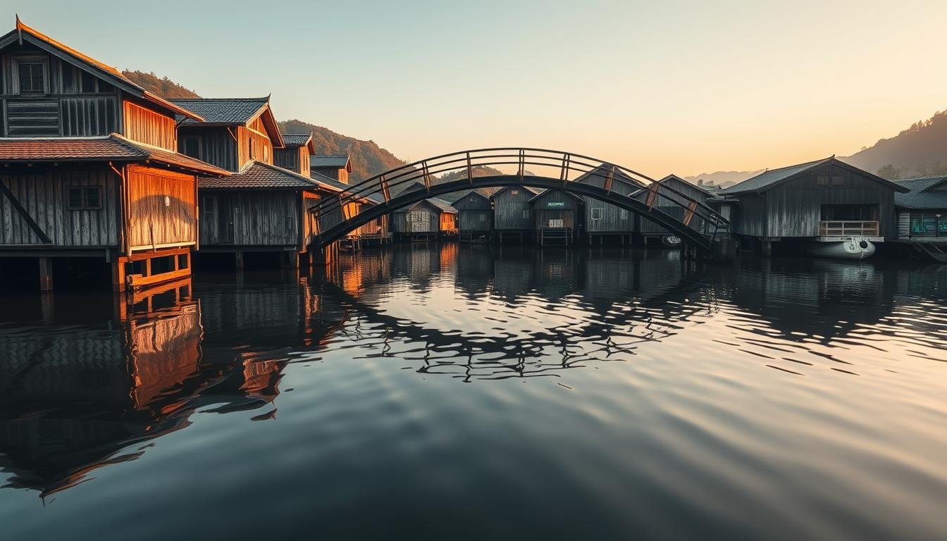 A tranquil morning at the historic Tango Bridge in Ine, Japan. The traditional wooden boathouses stand in serene reflection on the calm waters, their weathered facades bathed in warm, golden light. A wide-angle lens captures the iconic scene, showcasing the graceful arched bridge that connects the two sides of the inlet. The composition emphasizes the harmony between the natural landscape and the human-built structures, inviting the viewer to experience the timeless charm of this picturesque fishing village. Soft, diffused lighting enhances the serene mood, creating a sense of timelessness and nostalgia. The resulting image perfectly captures the essence of the "Tango Bridge × Ine Boathouses" as the ideal pairing for an immersive cultural journey. A tranquil morning at the historic Tango Bridge in Ine, Japan. The traditional wooden boathouses stand in serene reflection on the calm waters, their weathered facades bathed in warm, golden light. A wide-angle lens captures the iconic scene, showcasing the graceful arched bridge that connects the two sides of the inlet. The composition emphasizes the harmony between the natural landscape and the human-built structures, inviting the viewer to experience the timeless charm of this picturesque fishing village. Soft, diffused lighting enhances the serene mood, creating a sense of timelessness and nostalgia. The resulting image perfectly captures the essence of the "Tango Bridge × Ine Boathouses" as the ideal pairing for an immersive cultural journey.
