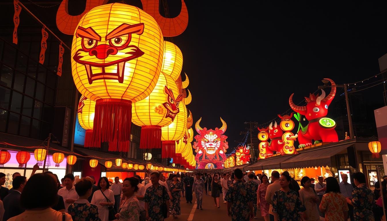 A tranquil night in the city of Aomori in 2025, the annual Nebuta Festival in full swing. Ornate paper lanterns in the shape of Oni demons float and sway, casting a warm, ethereal glow across the streets. Crowds of revelers in traditional Yukata robes meander amongst the vibrant displays, their laughter and chatter mingling with the rhythmic beating of Taiko drums. In the distance, the silhouettes of the Nebuta floats loom, their intricate designs illuminated by strings of colorful LED lights. The air is thick with the scent of grilled Yakisoba and sweet Taiyaki pastries. A sense of timeless wonder and cultural heritage pervades the scene, as the ancient festival embraces the future.