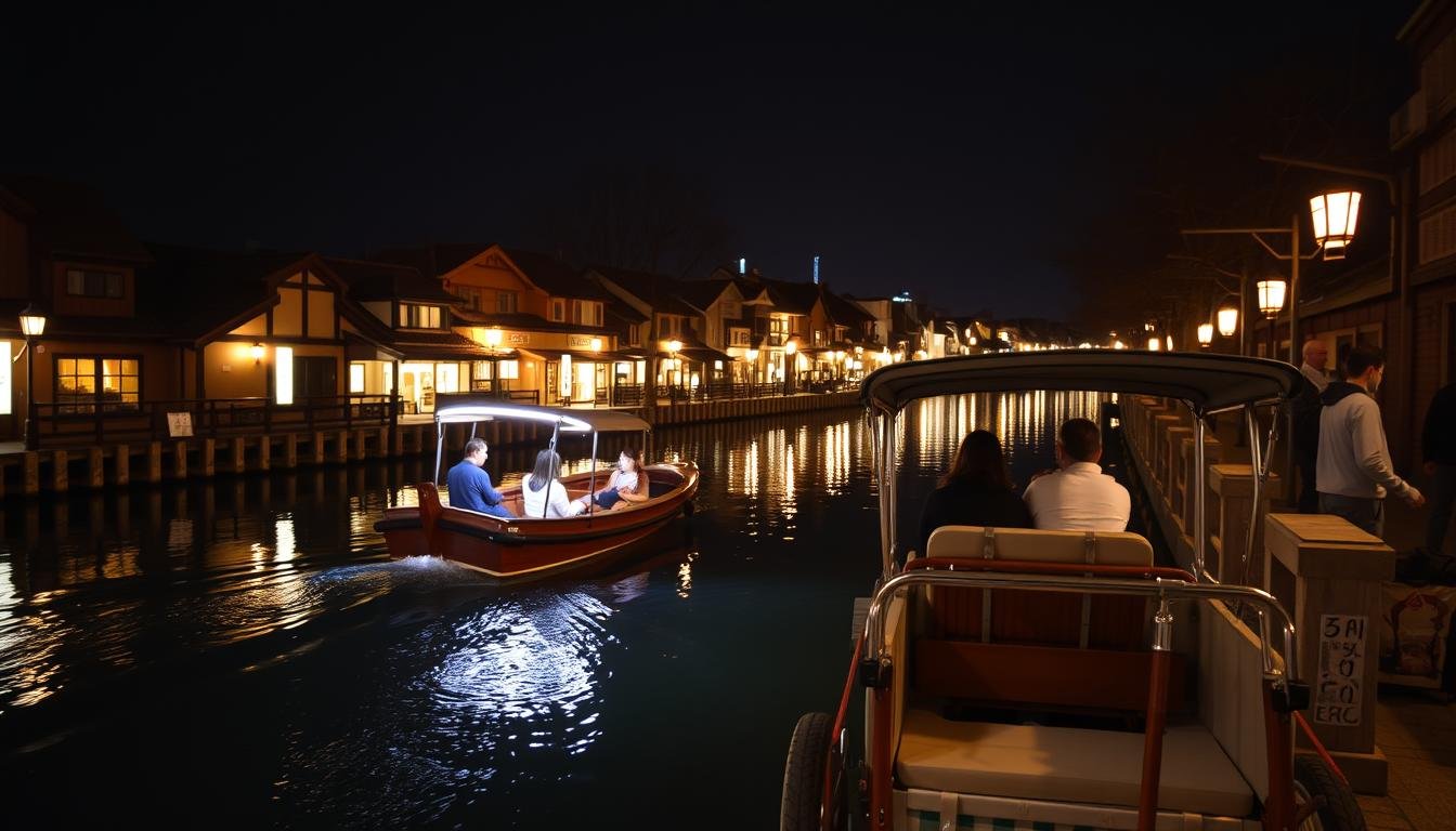 A tranquil night scene along Otaru's historic canal, illuminated by the warm glow of lanterns and streetlights. A traditional wooden sightseeing boat gracefully glides across the still waters, its passengers enjoying a leisurely cruise amidst the picturesque architecture and reflections. In the foreground, a human-powered rickshaw waits, ready to offer a unique perspective of the captivating nightscape. The atmosphere is serene and romantic, inviting viewers to immerse themselves in the enchanting ambiance of Otaru's renowned canal district.