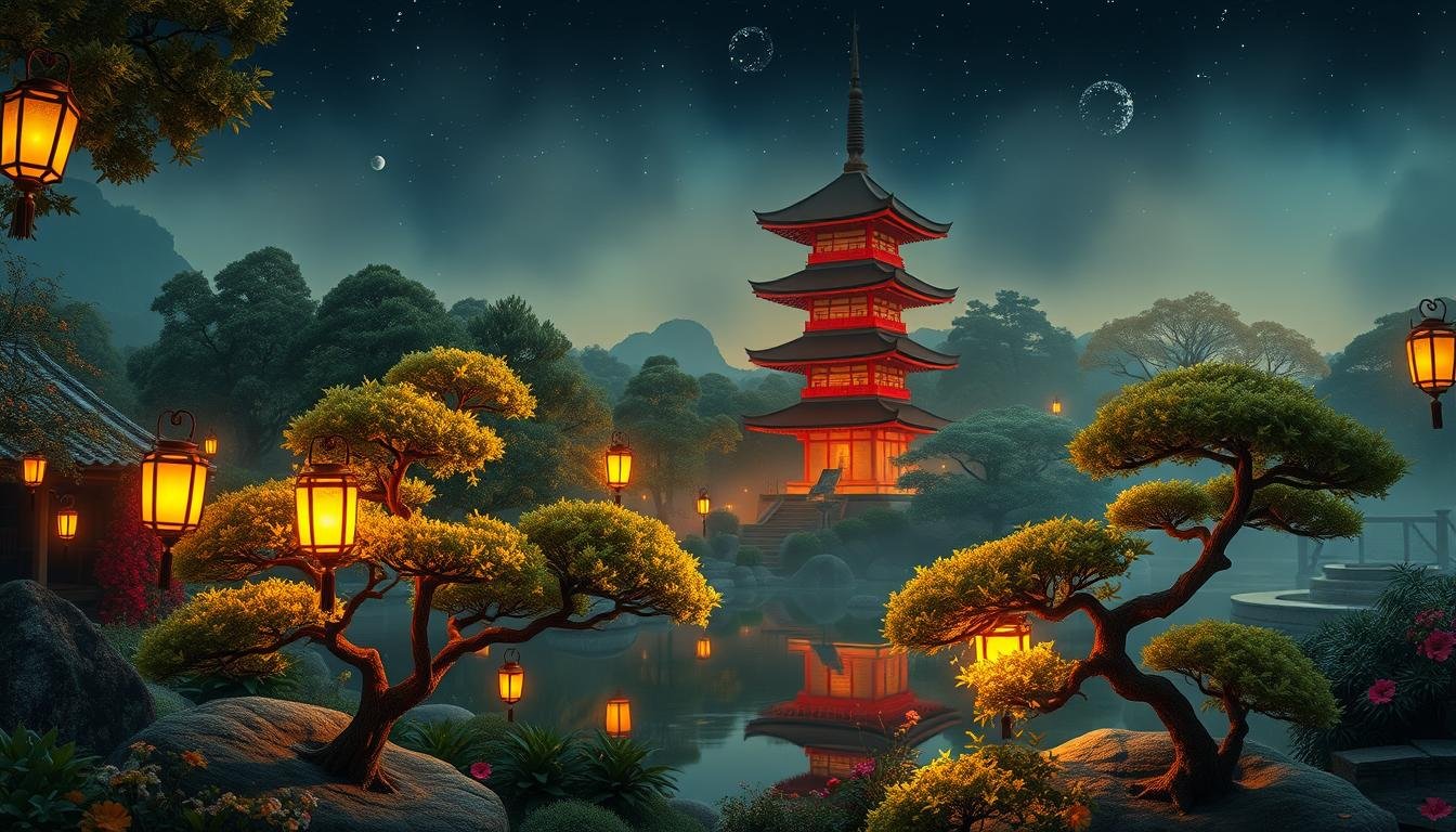 A tranquil nighttime scene in a fantastical Japanese garden. Lanterns softly illuminate the lush foliage, casting a warm, ethereal glow over the serene landscape. A traditional pagoda stands tall in the middle ground, its elegant architecture reflected in a still pond. In the foreground, carefully pruned bonsai trees and delicate flowers add vibrant pops of color. The background fades into a misty, starry sky, evoking a sense of wonder and mystery. The overall atmosphere is one of peaceful contemplation, inviting the viewer to immerse themselves in the enchanting ambiance of this imaginary garden.