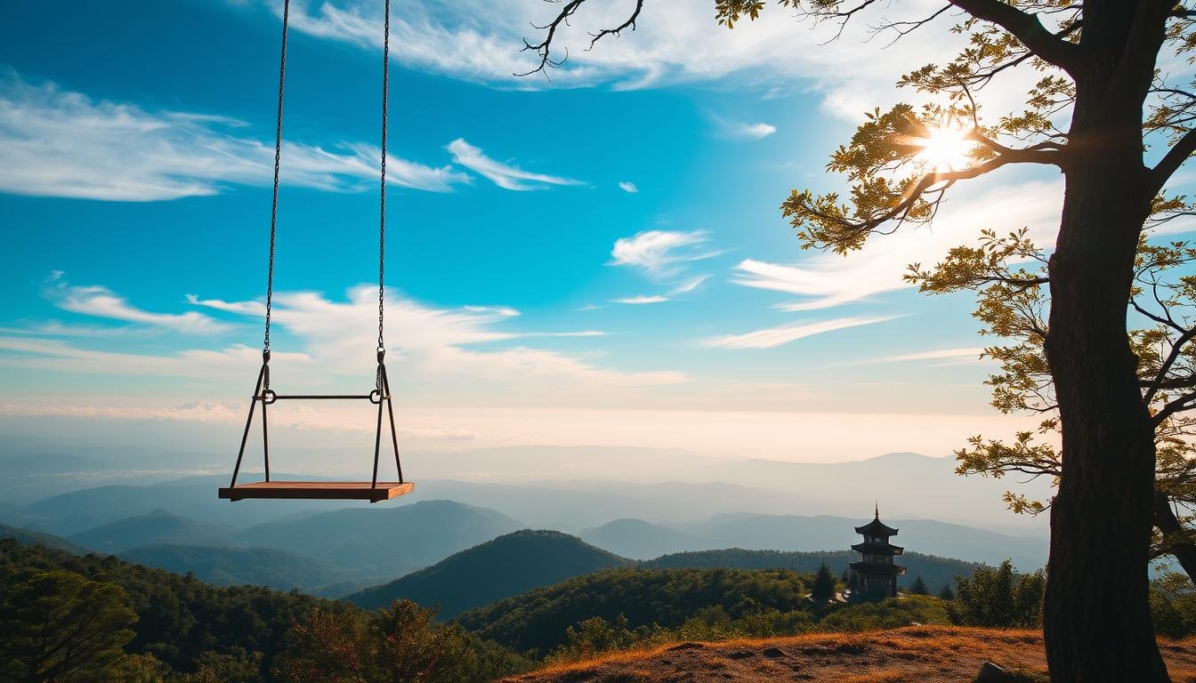 A tranquil park nestled atop Yunbian Temple's mountain, offering a serene haven for photography enthusiasts. Capture the ethereal swing suspended against the boundless azure sky, framed by wispy clouds drifting overhead. Settle into the thoughtfully-placed viewing platform, sipping on a aromatic brew as you immortalize the captivating vistas - the rolling hills, the distant pagoda, the verdant forest canopy. The warm, golden rays of the sun caress the scene, imbuing it with a sense of tranquility and timelessness. Angle your lens to frame the perfect shot, embracing the harmonious balance of natural and man-made elements that define this enchanting hilltop retreat. A tranquil park nestled atop Yunbian Temple's mountain, offering a serene haven for photography enthusiasts. Capture the ethereal swing suspended against the boundless azure sky, framed by wispy clouds drifting overhead. Settle into the thoughtfully-placed viewing platform, sipping on a aromatic brew as you immortalize the captivating vistas - the rolling hills, the distant pagoda, the verdant forest canopy. The warm, golden rays of the sun caress the scene, imbuing it with a sense of tranquility and timelessness. Angle your lens to frame the perfect shot, embracing the harmonious balance of natural and man-made elements that define this enchanting hilltop retreat.