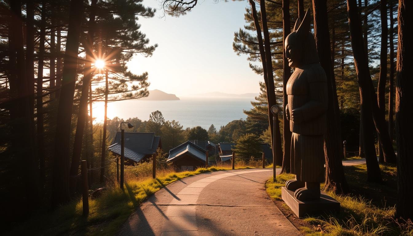 A tranquil path winds through the lush forests of Megijima and Ogijima, the legendary "Demon Islands" of Japanese folklore. In the foreground, two enigmatic wooden statues, "Onna-Goki" and "Otoko-Goki," stand vigilant, their intricate carvings casting long shadows under the warm afternoon sun. The middle ground reveals a quaint village nestled between the towering trees, its tiled roofs and narrow alleyways hinting at the island's rich cultural heritage. In the distance, the shimmering waters of the Seto Inland Sea stretch out, framed by the dramatic silhouettes of the twin islands. The tranquil scene evokes a sense of timeless wonder, a testament to the enduring spirit of Japan's rural heartland.