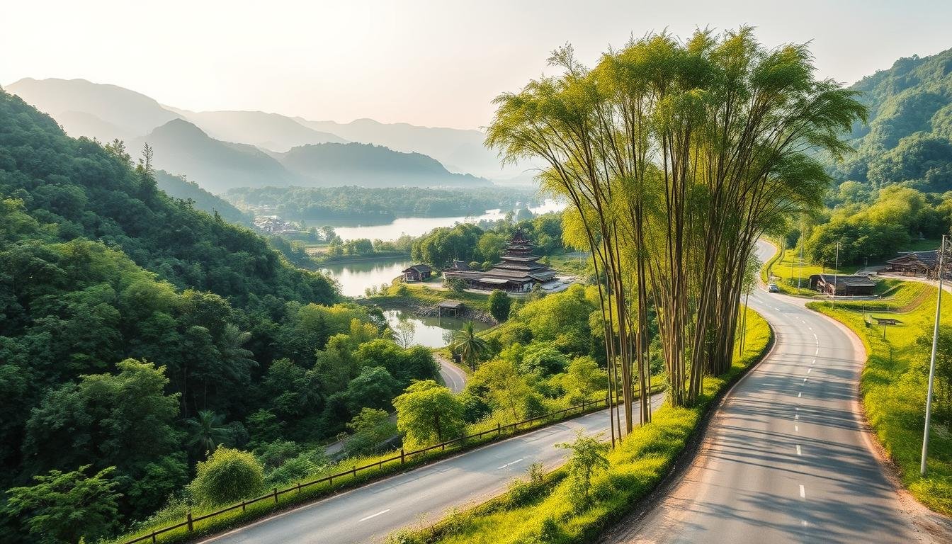 A tranquil rural landscape unfolds, a winding road cutting through verdant hills and lush forests. At the center, the serene waters of Baihe Lin Chubi reflect the surrounding natural beauty. Towering bamboo groves sway gently in the breeze, casting dappled shadows across the scene. In the distance, quaint buildings and traditional structures dot the horizon, hinting at the cultural richness of the area. The lighting is soft and warm, illuminating the scene with a golden glow. A wide-angle lens captures the expansive vista, highlighting the harmonious relationship between the natural and built environments. This idyllic setting invites the viewer to explore the transportation connections and access points that facilitate exploration of this captivating destination. A tranquil rural landscape unfolds, a winding road cutting through verdant hills and lush forests. At the center, the serene waters of Baihe Lin Chubi reflect the surrounding natural beauty. Towering bamboo groves sway gently in the breeze, casting dappled shadows across the scene. In the distance, quaint buildings and traditional structures dot the horizon, hinting at the cultural richness of the area. The lighting is soft and warm, illuminating the scene with a golden glow. A wide-angle lens captures the expansive vista, highlighting the harmonious relationship between the natural and built environments. This idyllic setting invites the viewer to explore the transportation connections and access points that facilitate exploration of this captivating destination.