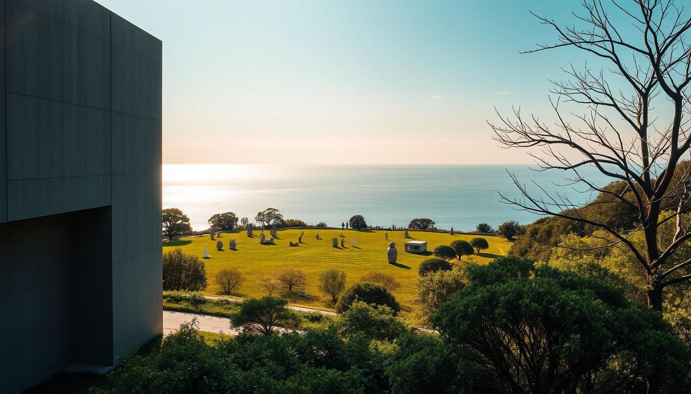 A tranquil scene of Naoshima Island, Japan, showcasing its renowned modern art installations. In the foreground, a striking Tadao Ando-designed building, its minimalist concrete facade bathed in warm, diffused sunlight. The middle ground features a serene landscape, with carefully curated sculptures and installations dotting the lush greenery. In the background, the Seto Inland Sea glistens, its calm waters reflecting the island's peaceful atmosphere. The composition emphasizes the harmonious integration of art, architecture, and nature, inviting the viewer to immerse themselves in the island's contemplative, yet captivating artistic rhythm.